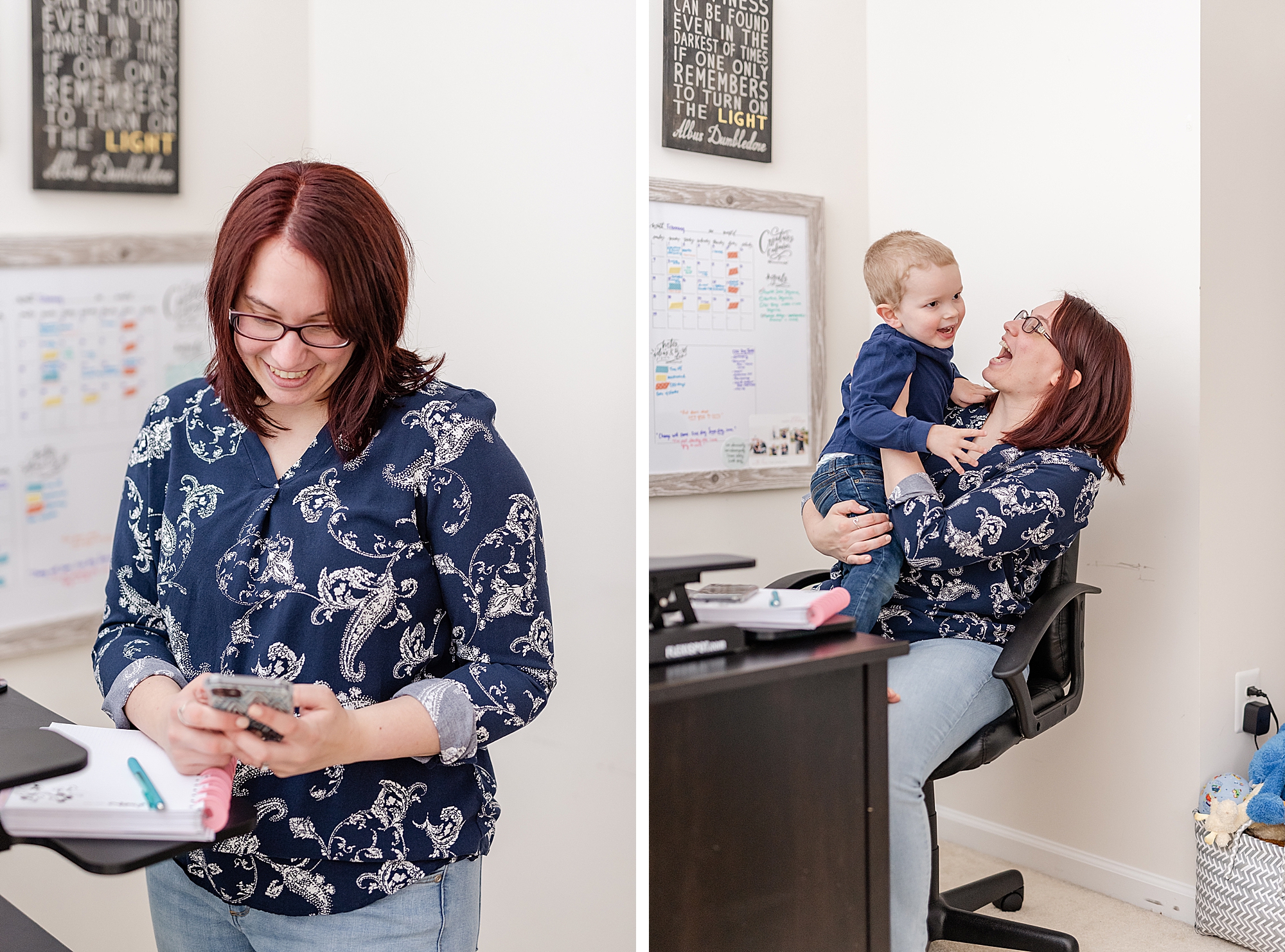 business owner plays with son at desk during Northern Virginia branding portraits