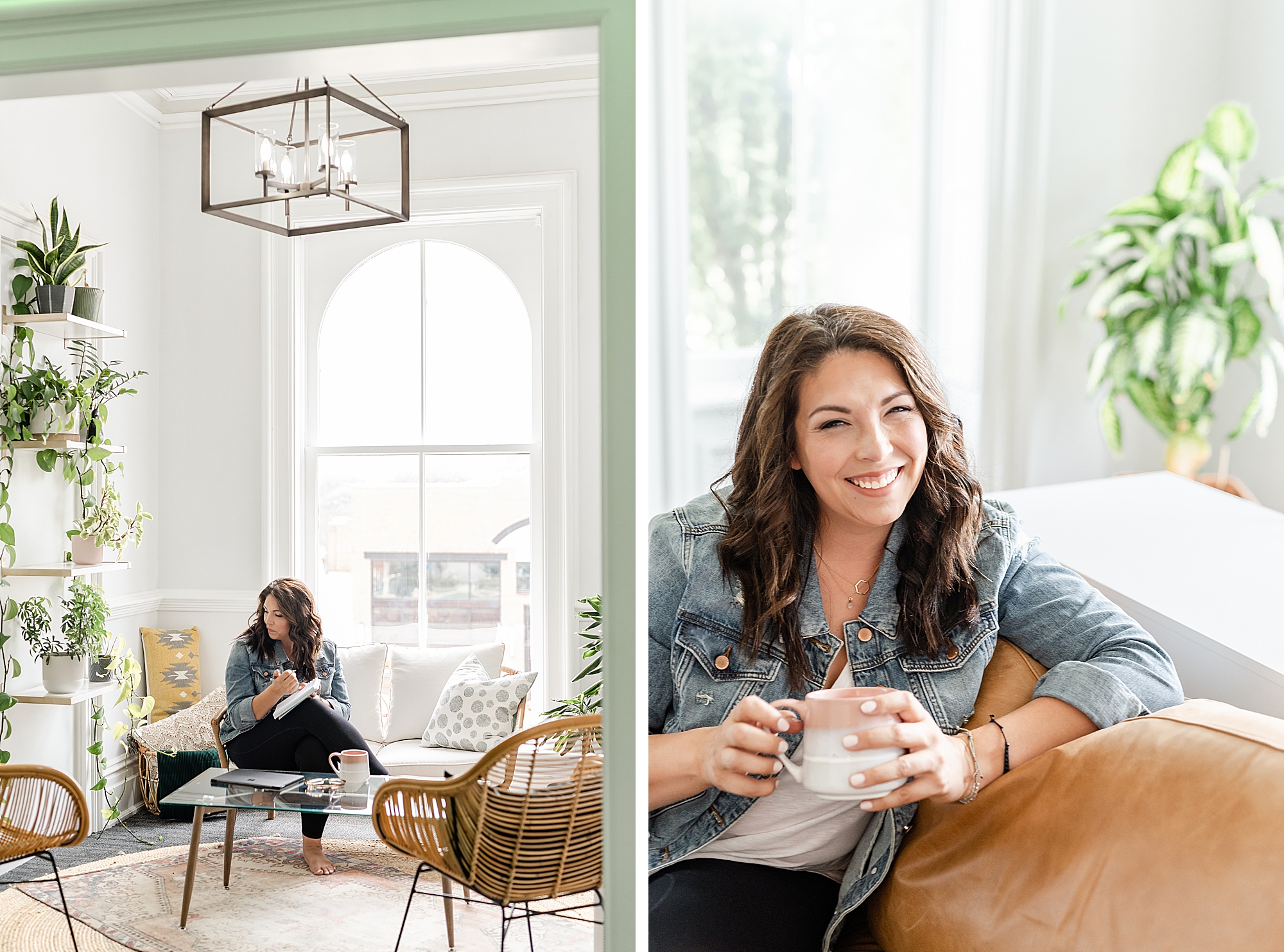 realtor sits in window with coffee mug during Ohio branding session