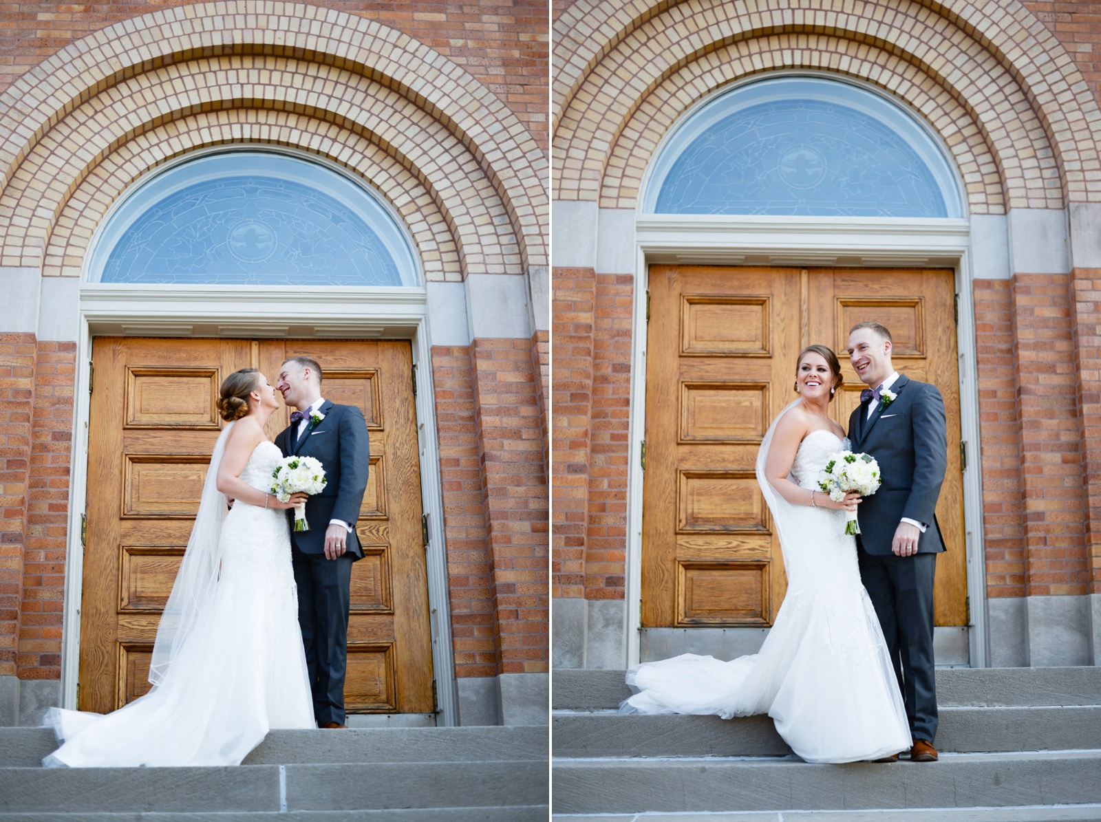 bride-and-groom-wedding-pictures-outside-the-front-of-a-church