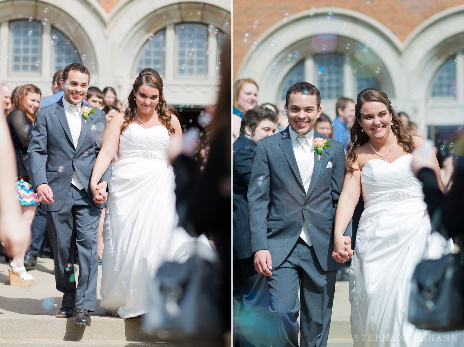 bride-and-groom-exiting-through-bubbles-outside-a-chapel