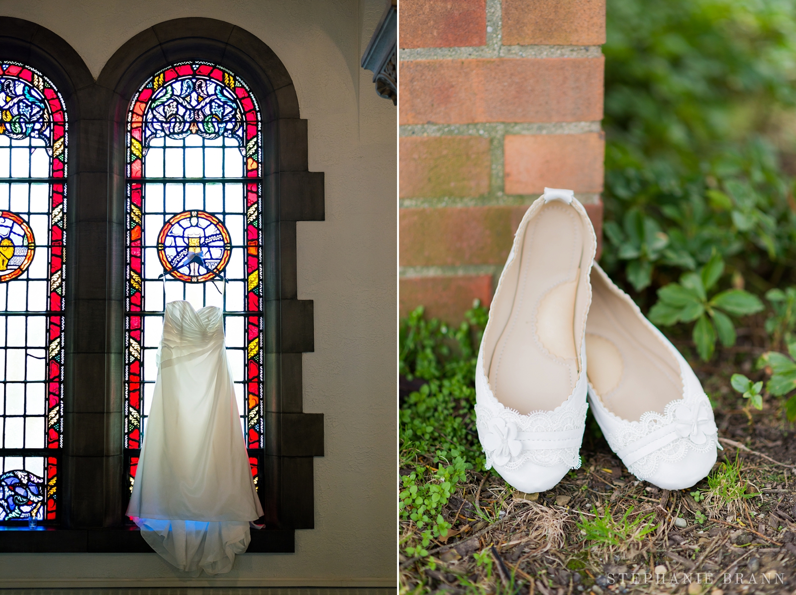 wedding-gown-hanging-in-a-church-stained-glass-window