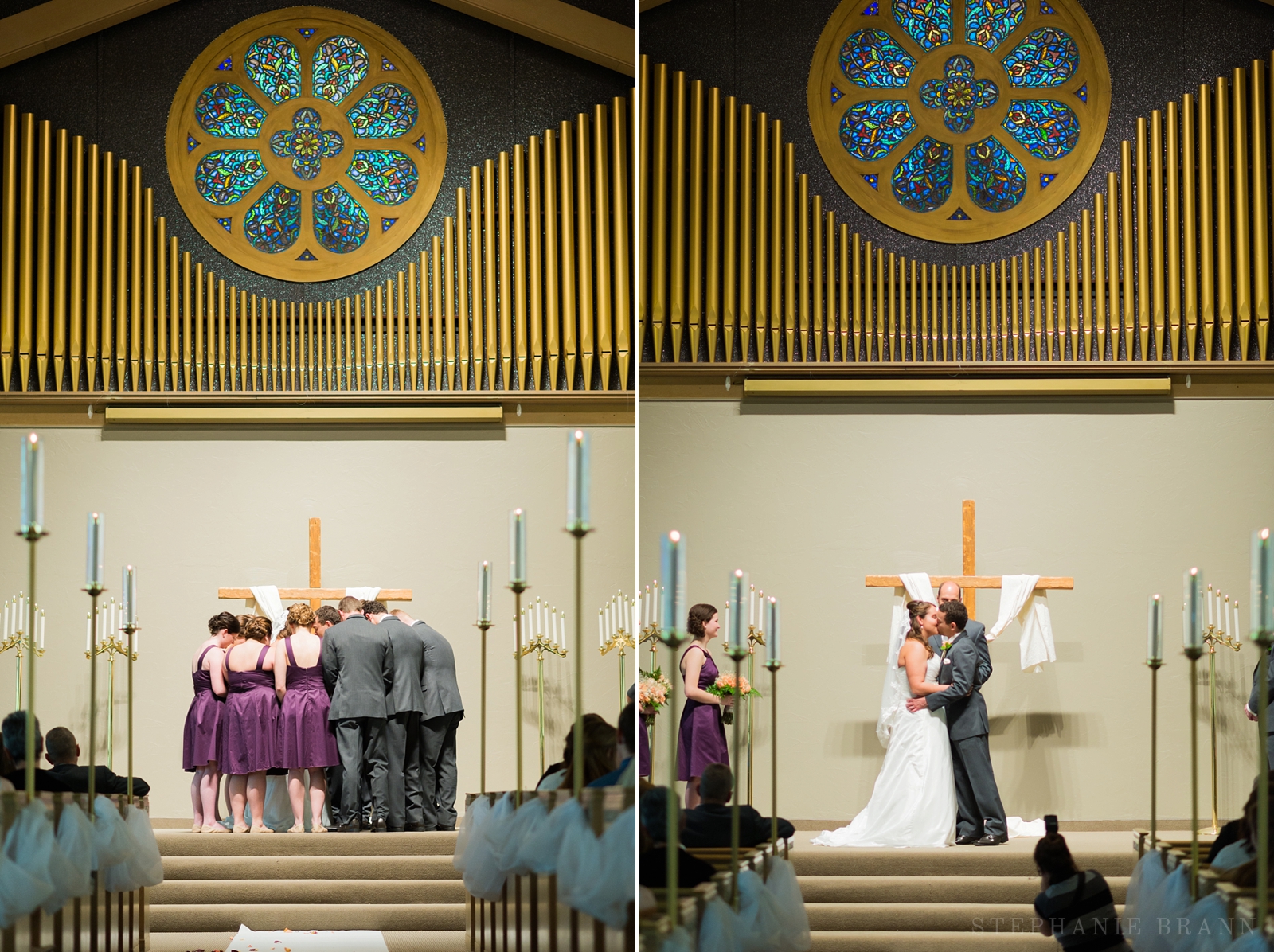 bridesmaids and groomsmen praying for the couple during the ceremony
