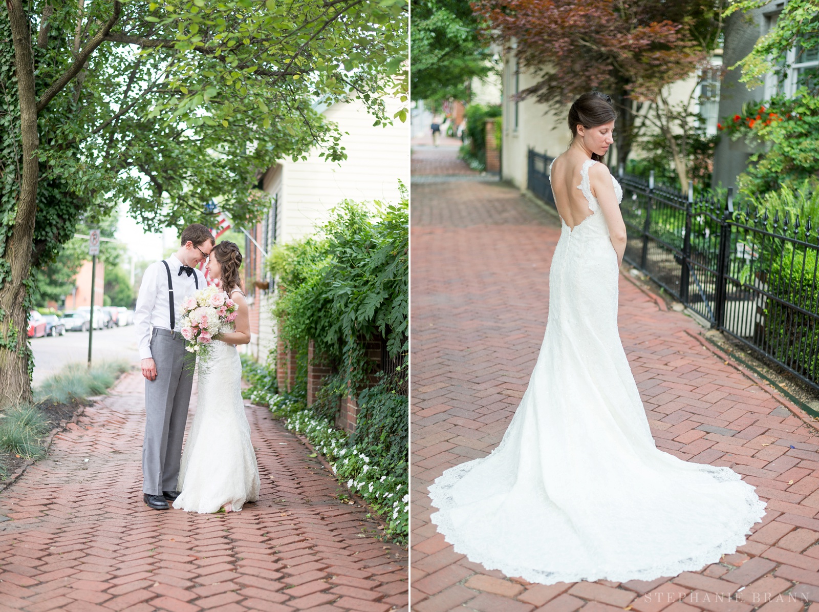 beautiful-bride-and-groom-portraits-on-a-brick-path-with-trees