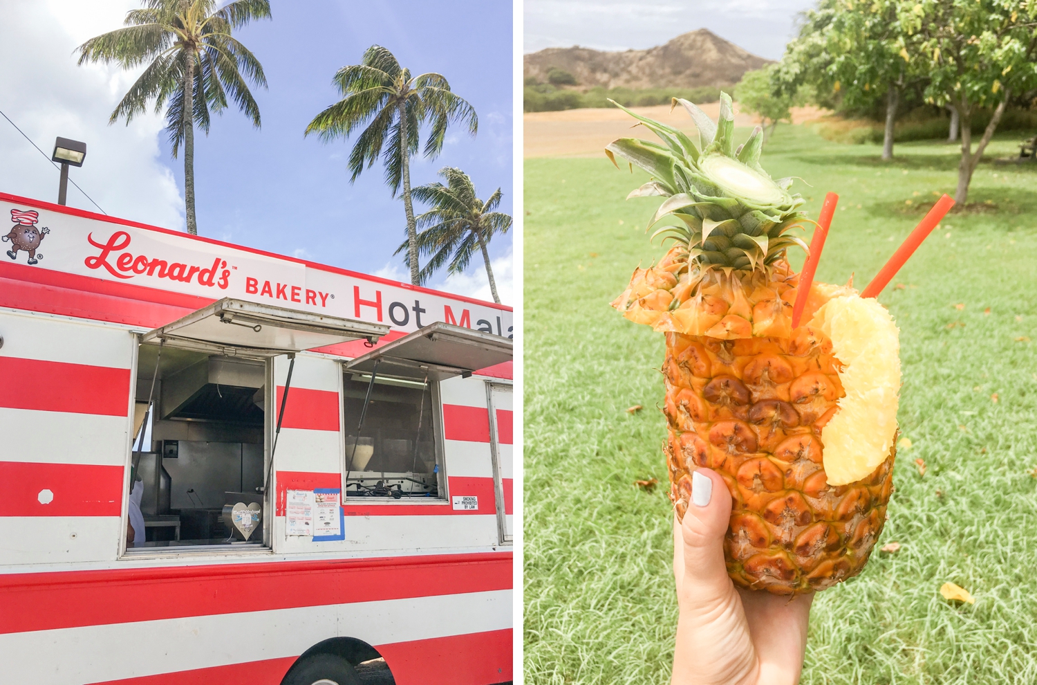 leonards-bakery-in-oahu-hawaii-and-a-girl-holding-a-pineapple-smoothie-at-diamond-head-park