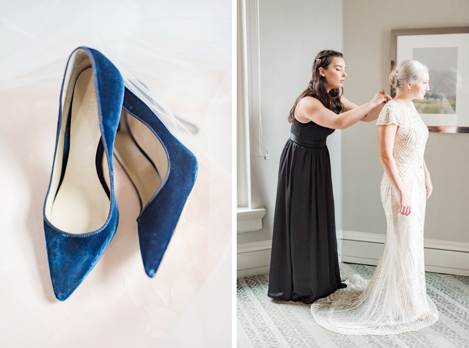 navy-wedding-shoes-and-bride-getting-into-her-dress