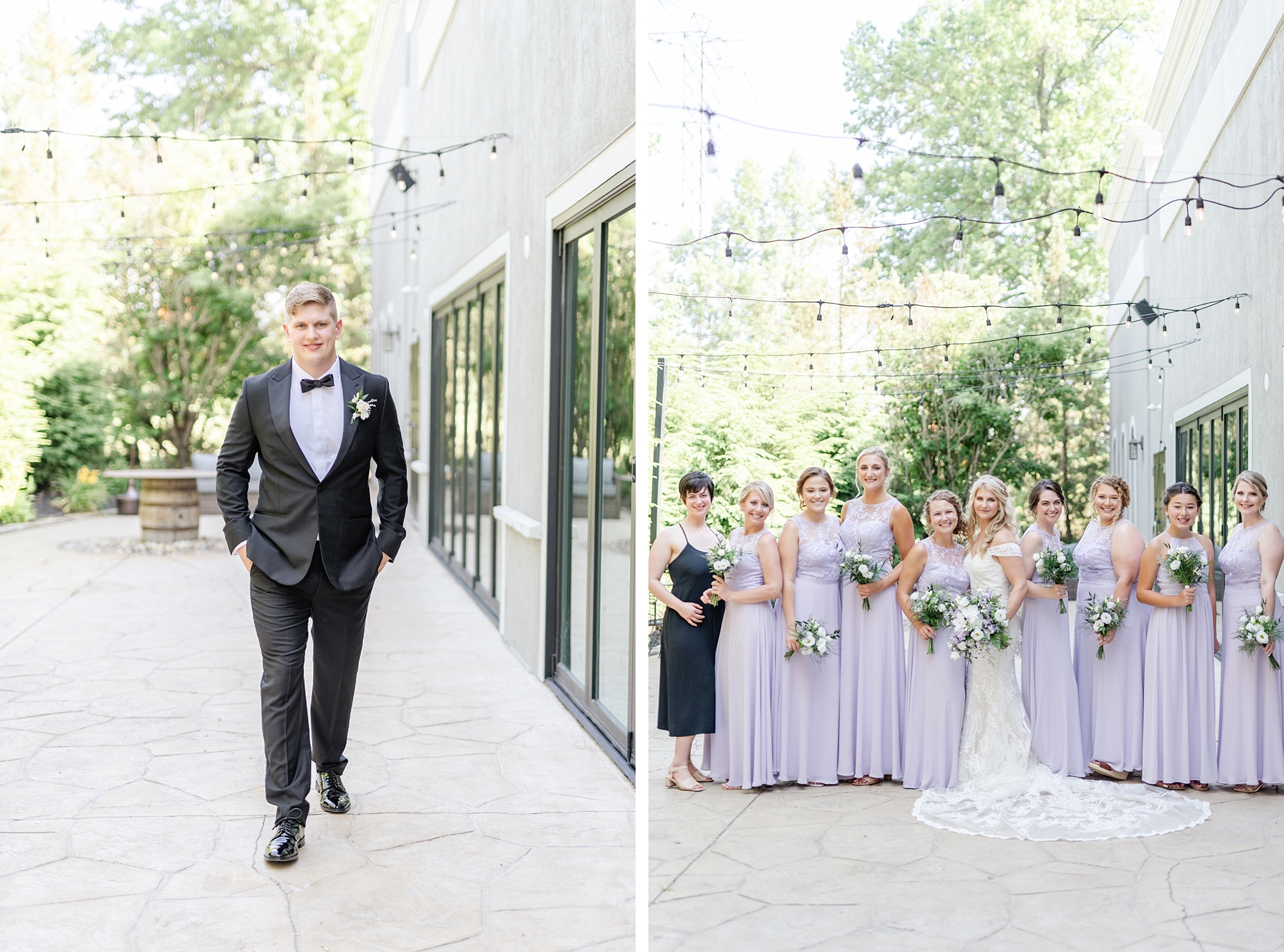 portrait of the groom and bridesmaids in purple dresses next to bride at Brookshire