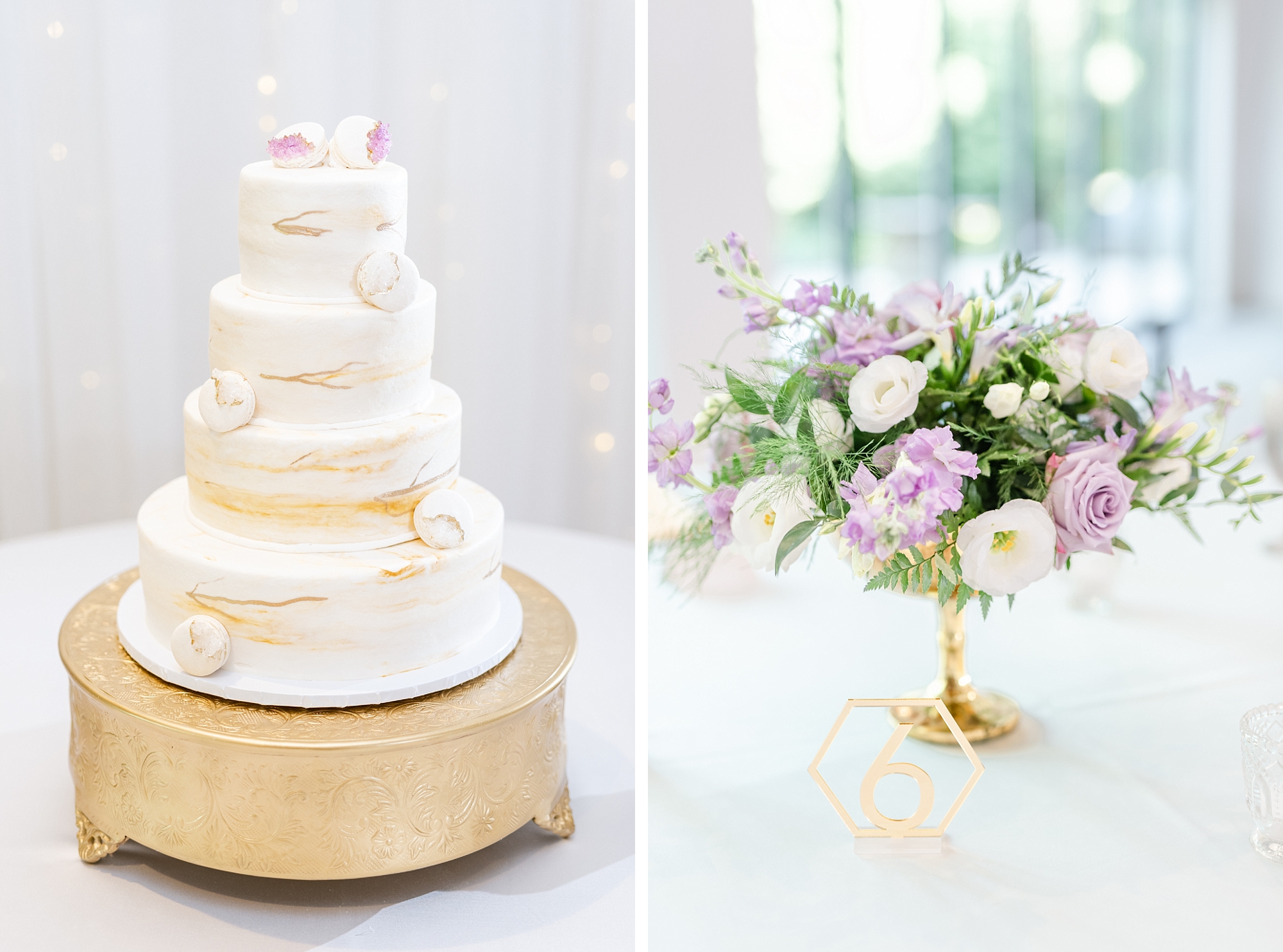 wedding cake with gold and white macaroons and centerpieces with white and purple flowers for Brookshire wedding reception