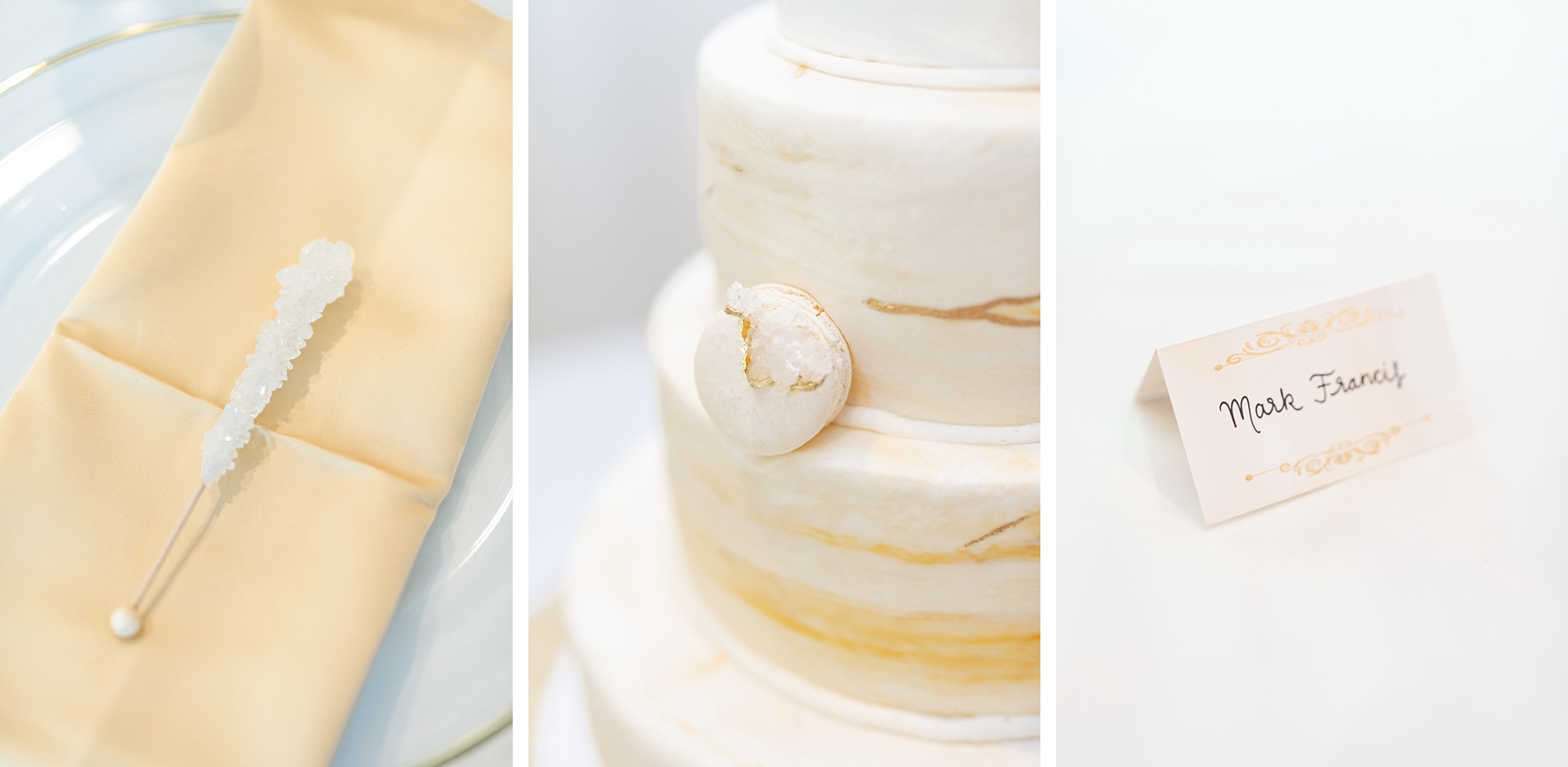 ivory and gold wedding reception details with geodes photographed by Stephanie Kase Photography