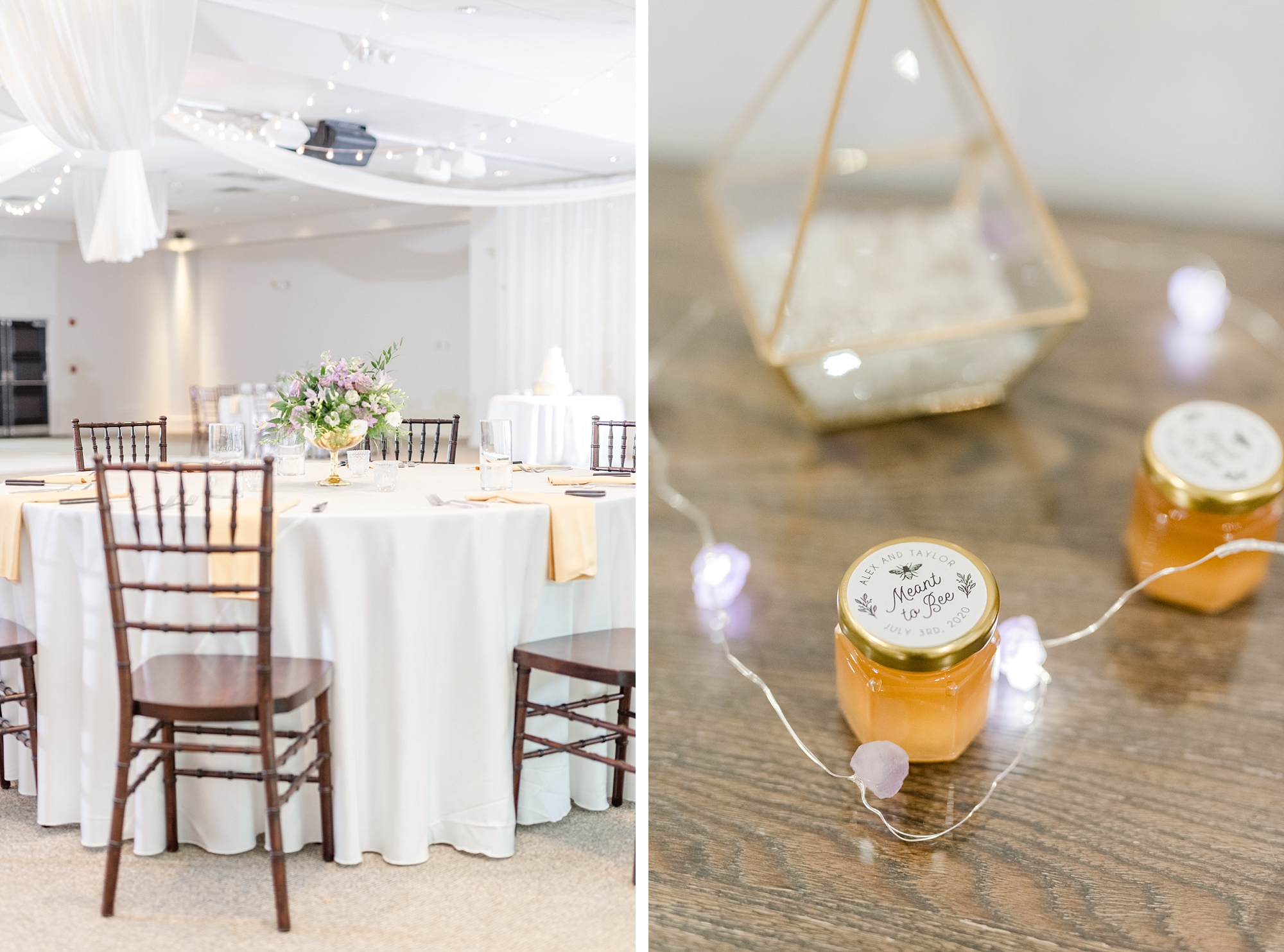 classic wedding reception tables with honey as favors