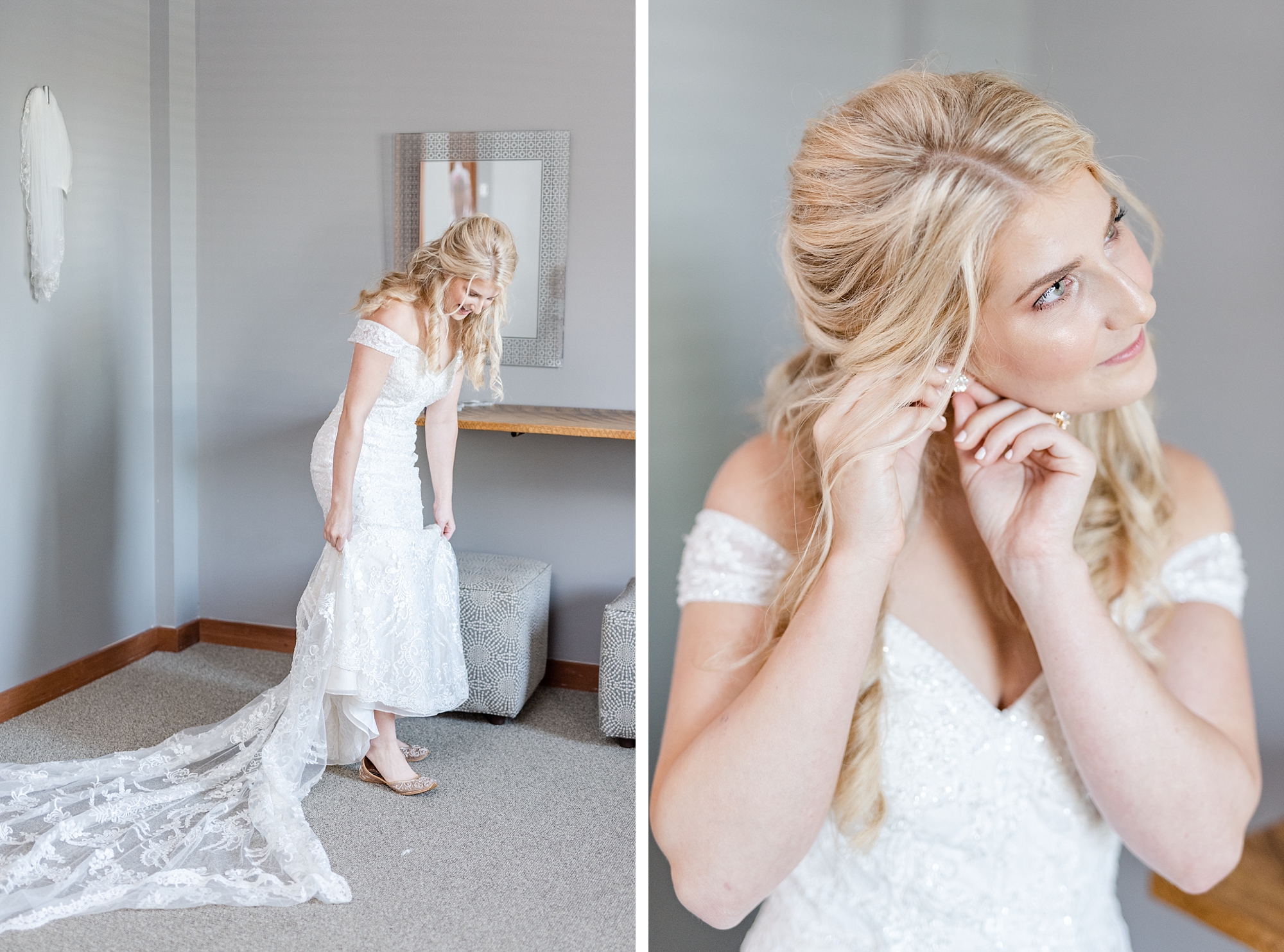 bride puts on shoes and adjusts earrings before Brookshire wedding day