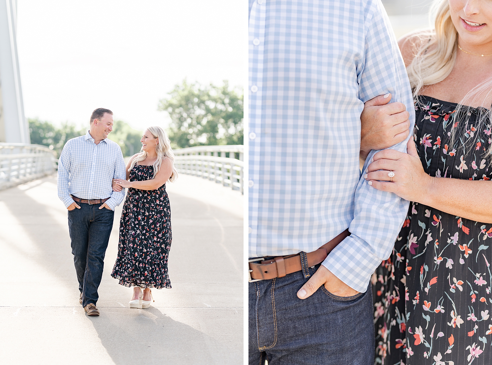 downtown Columbus engagement portraits of bride holding groom's arm