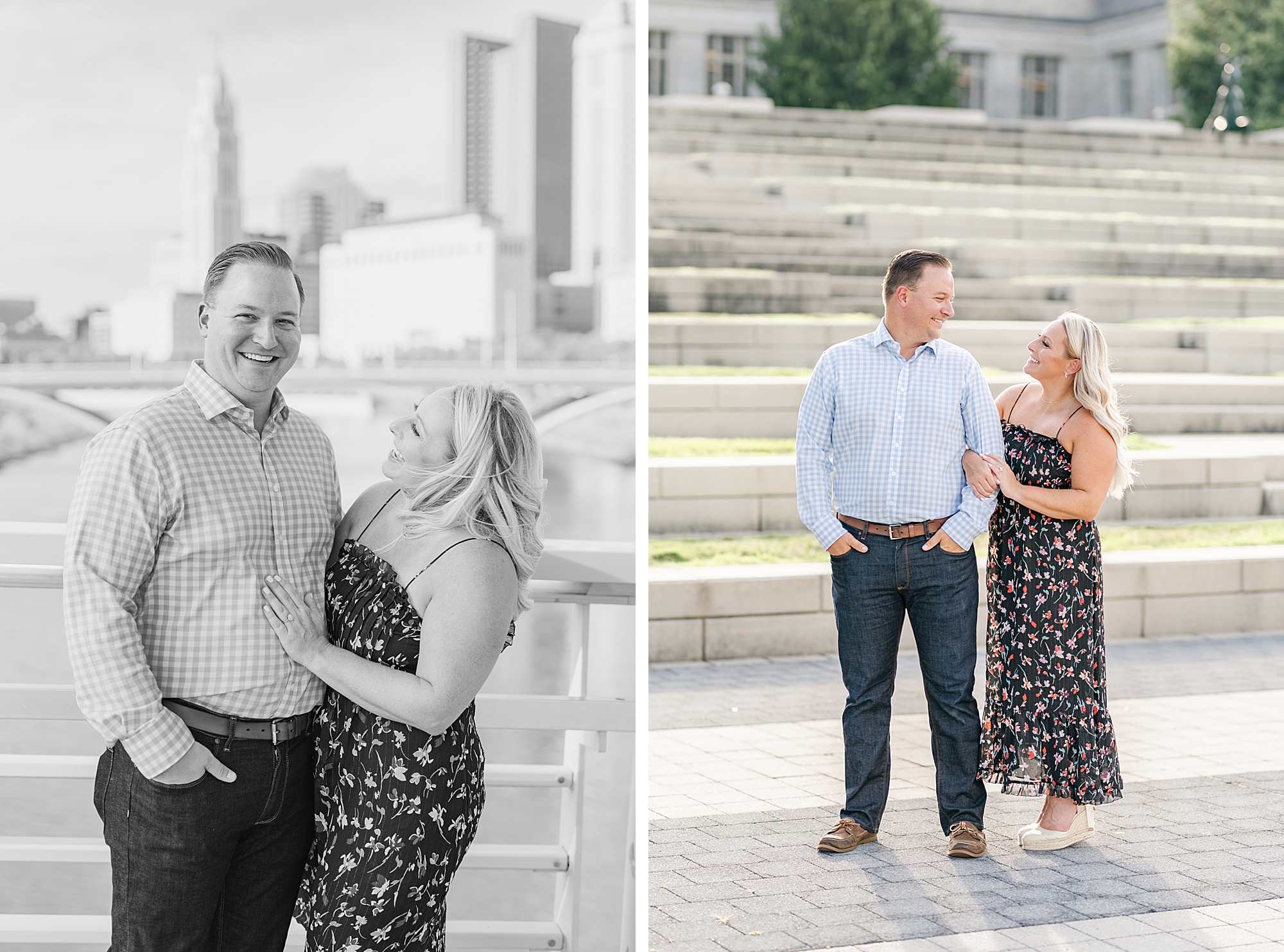 Scioto Mile engagement portraits in the summer with bride and groom on steps