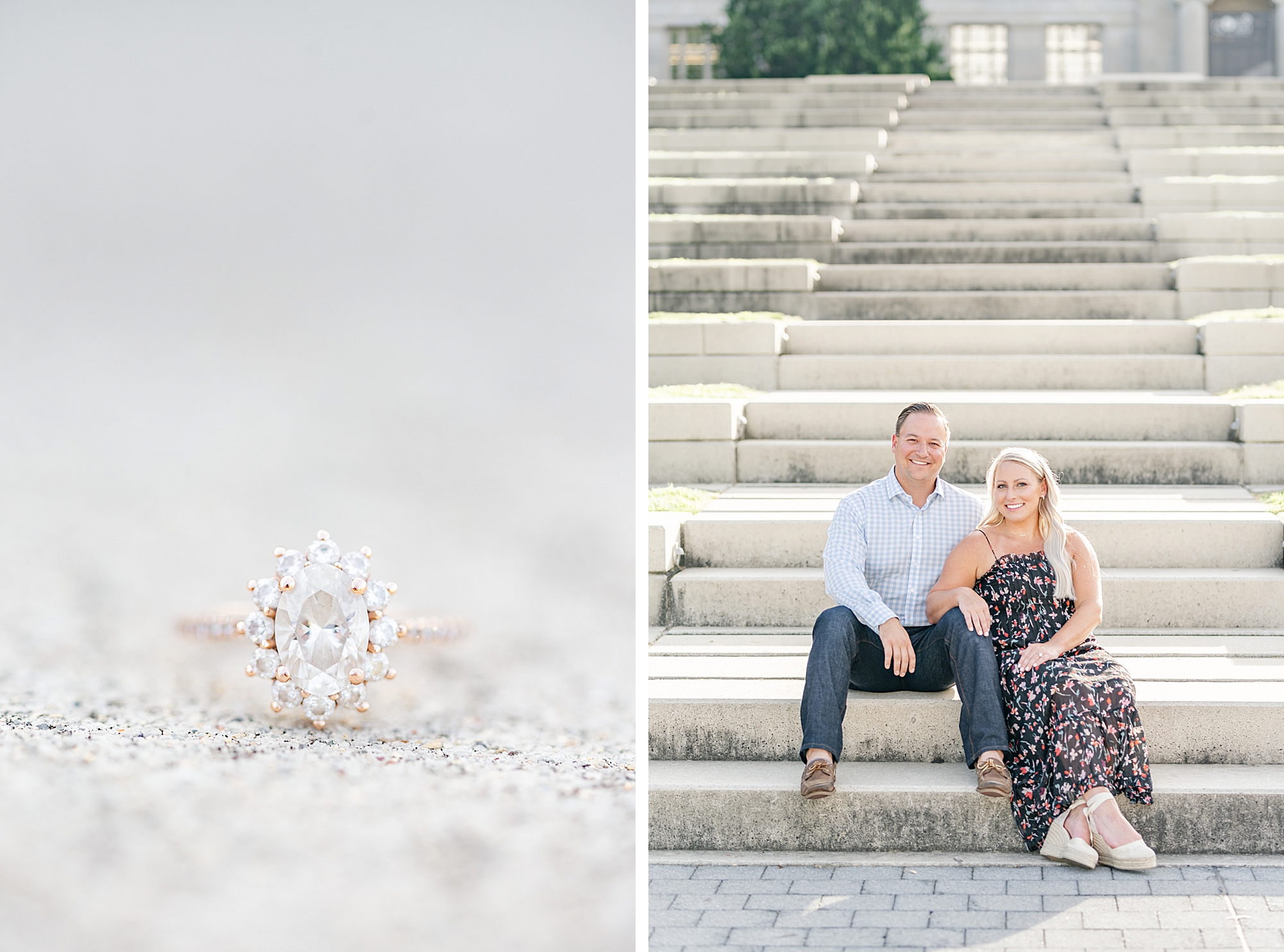 engagement ring next to couple sitting on steps along Scioto Mile