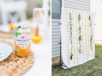 orange citrus backdrop for baby shower in backyard