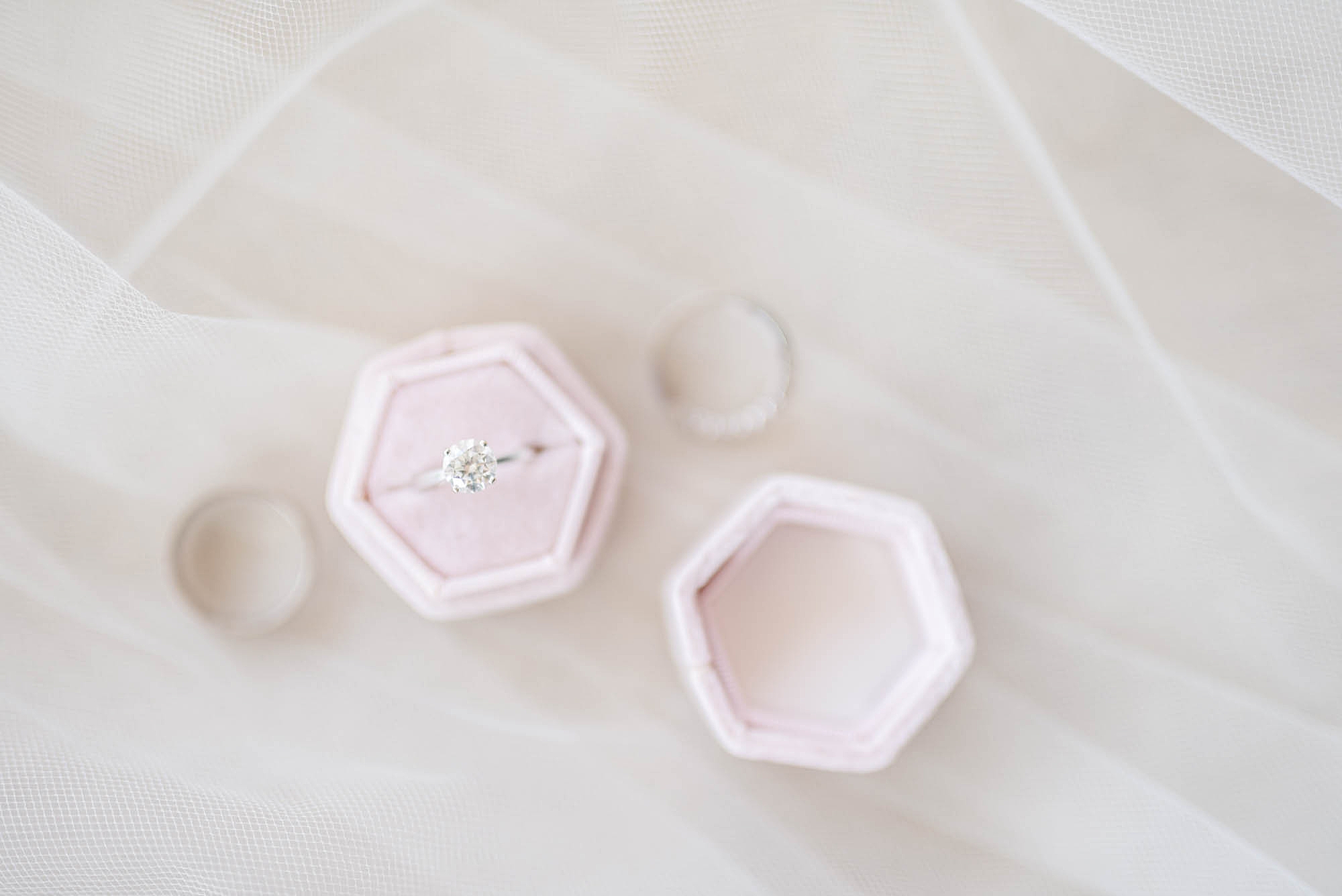 bride's rings in pink box on veil
