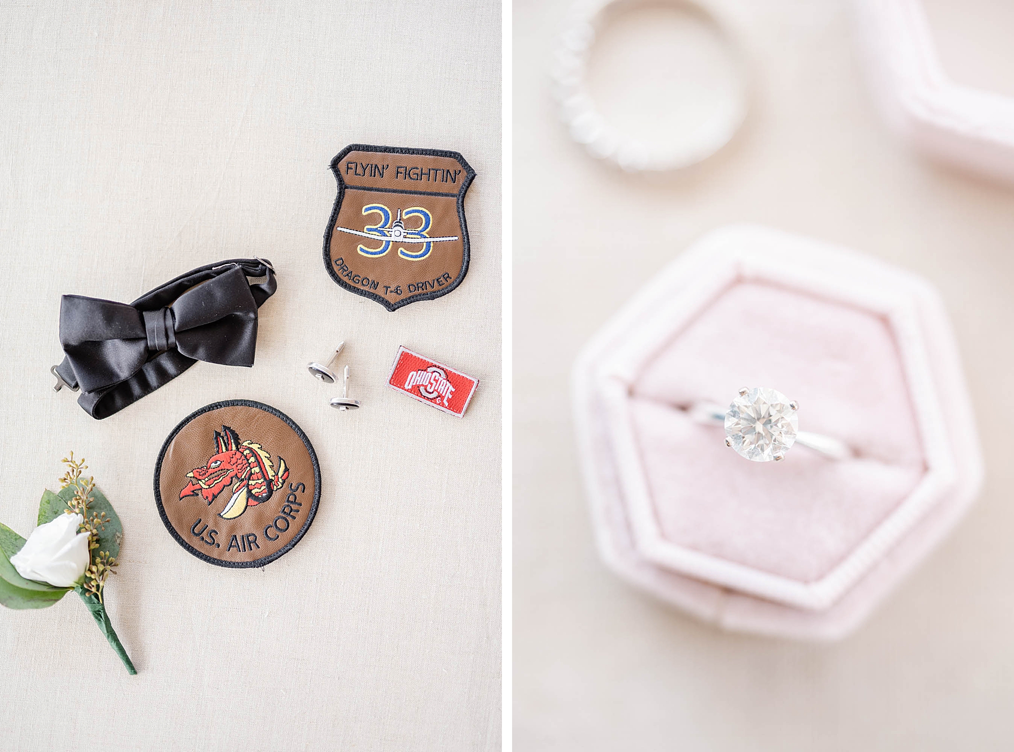 bride's ring and groom's details for military wedding