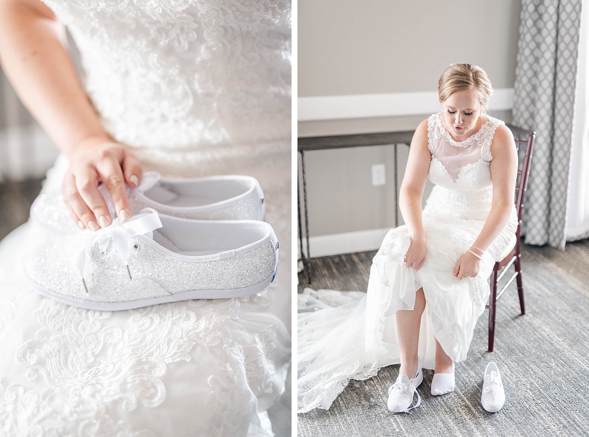 bride puts on sneakers before Ohio wedding day