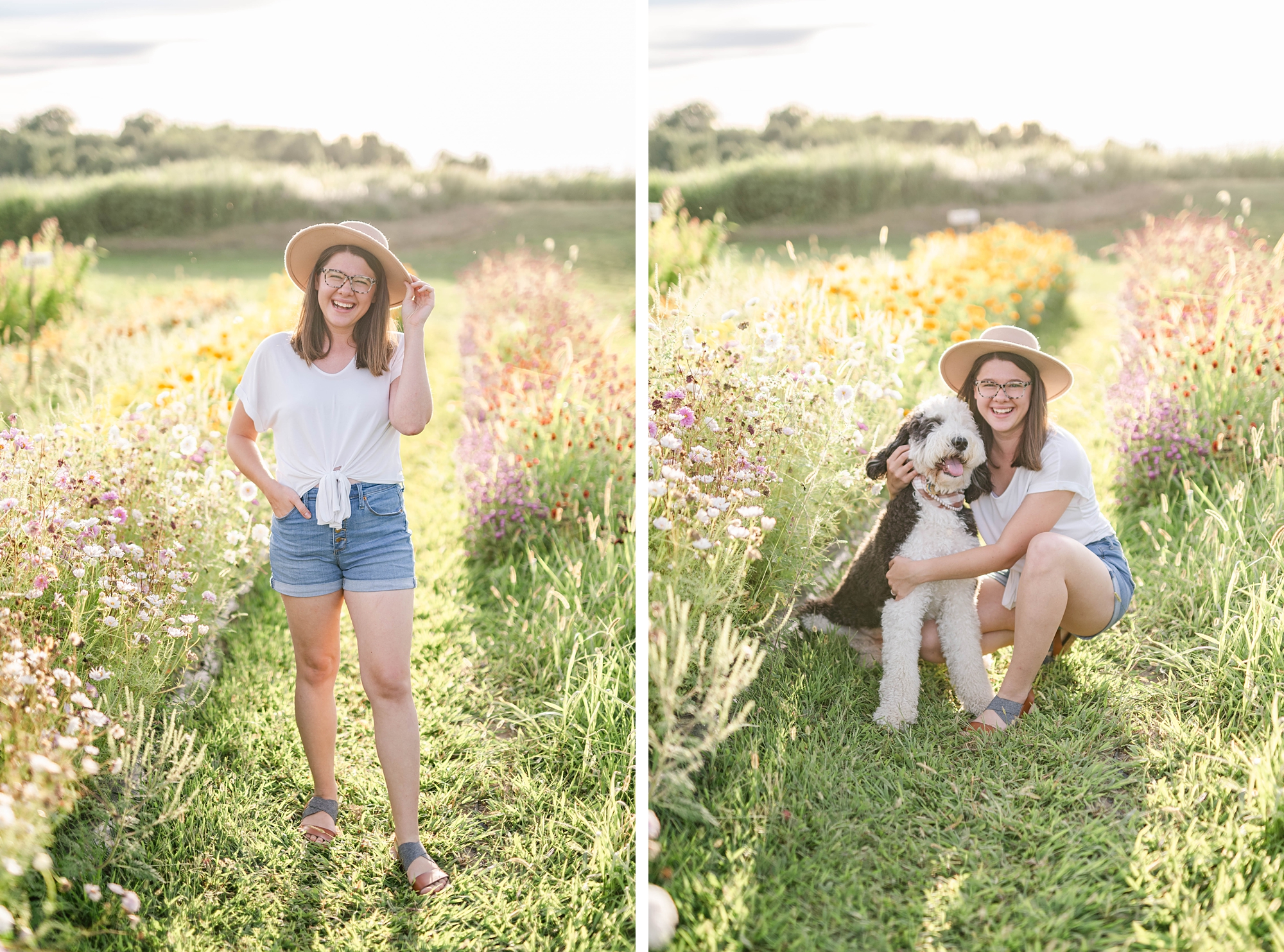 wife poses with dog at U-Pick Flowers
