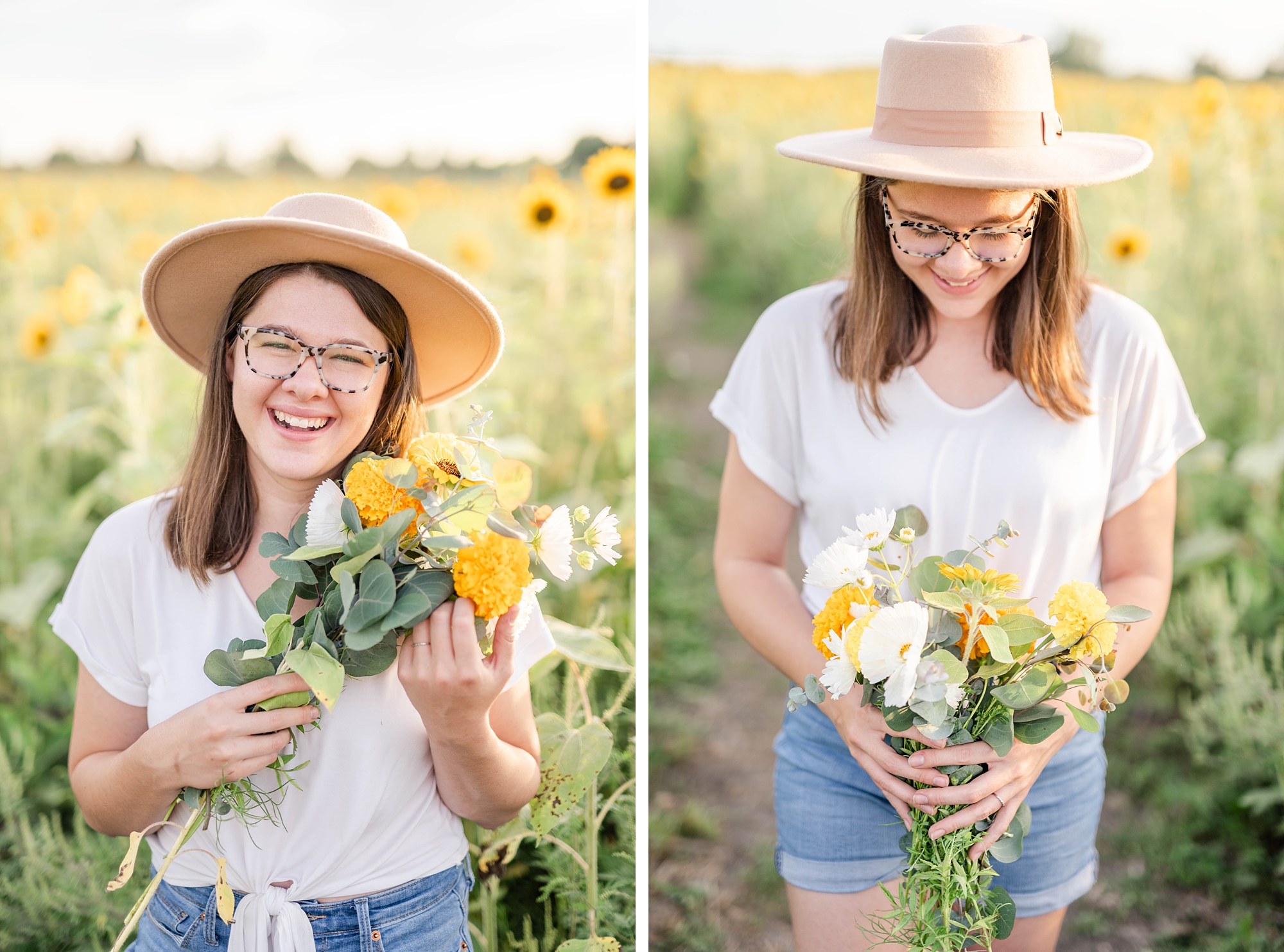 photography educator wearing wide brimmed hat holds flower bouquet
