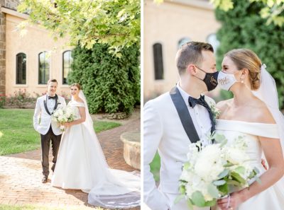 bride and groom wear masks during Ohio wedding