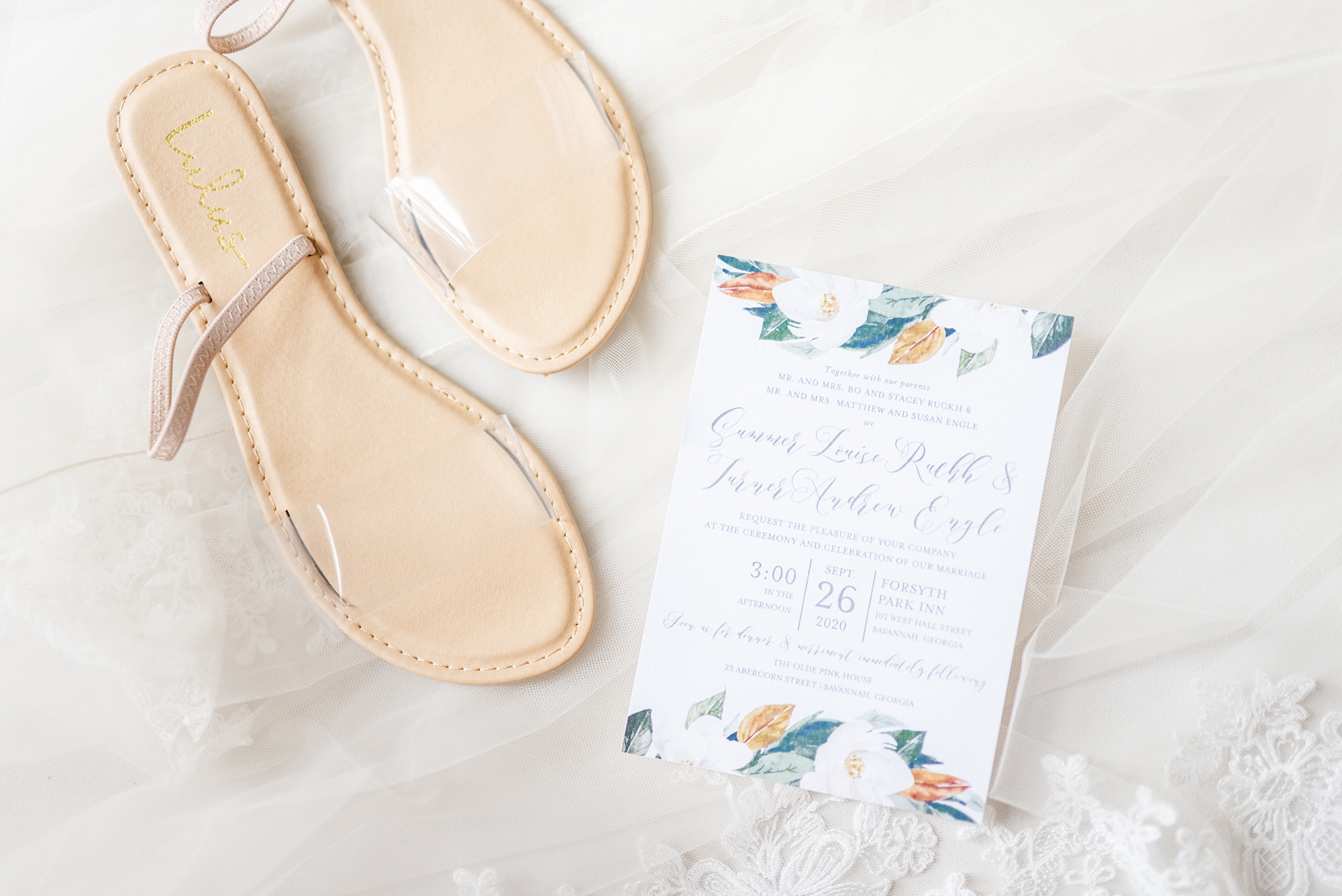 bride's sandals and wedding invitation for Forsyth Park Inn wedding