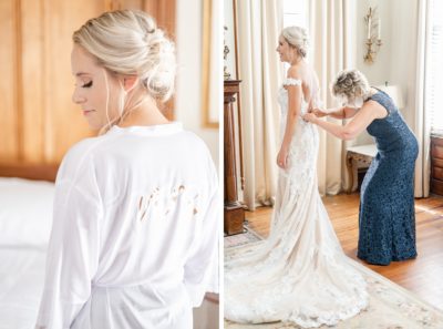 mother helps bride prepare on wedding morning