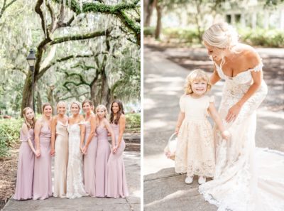 bride poses with bridesmaids and flower girl in Savannah GA