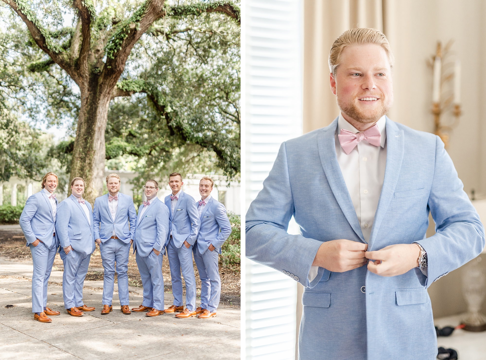 groomsmen in light blue suits pose before Georgia wedding day