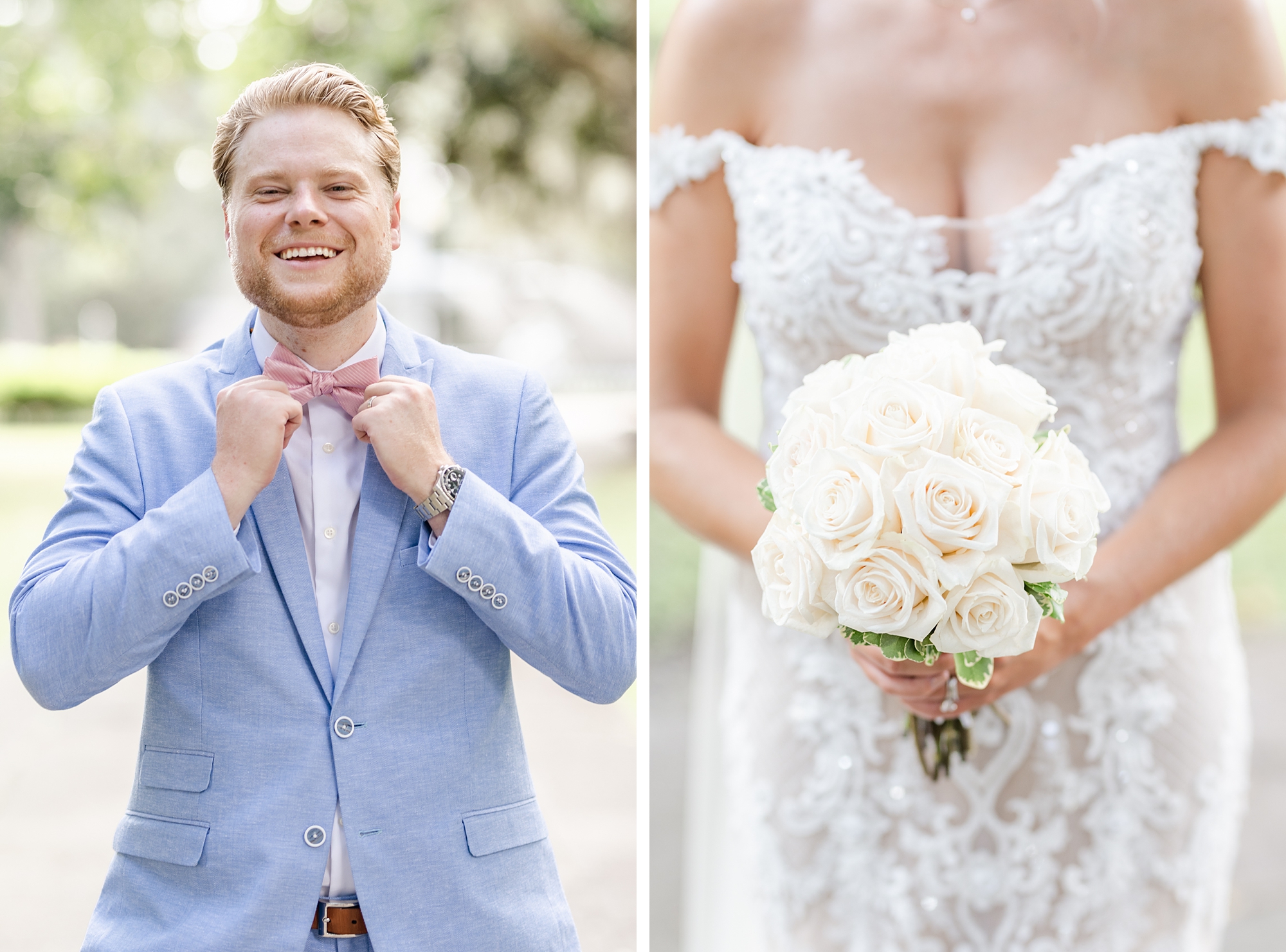 groom adjusts tie with light blue suit and bride's bouquet of white flowers