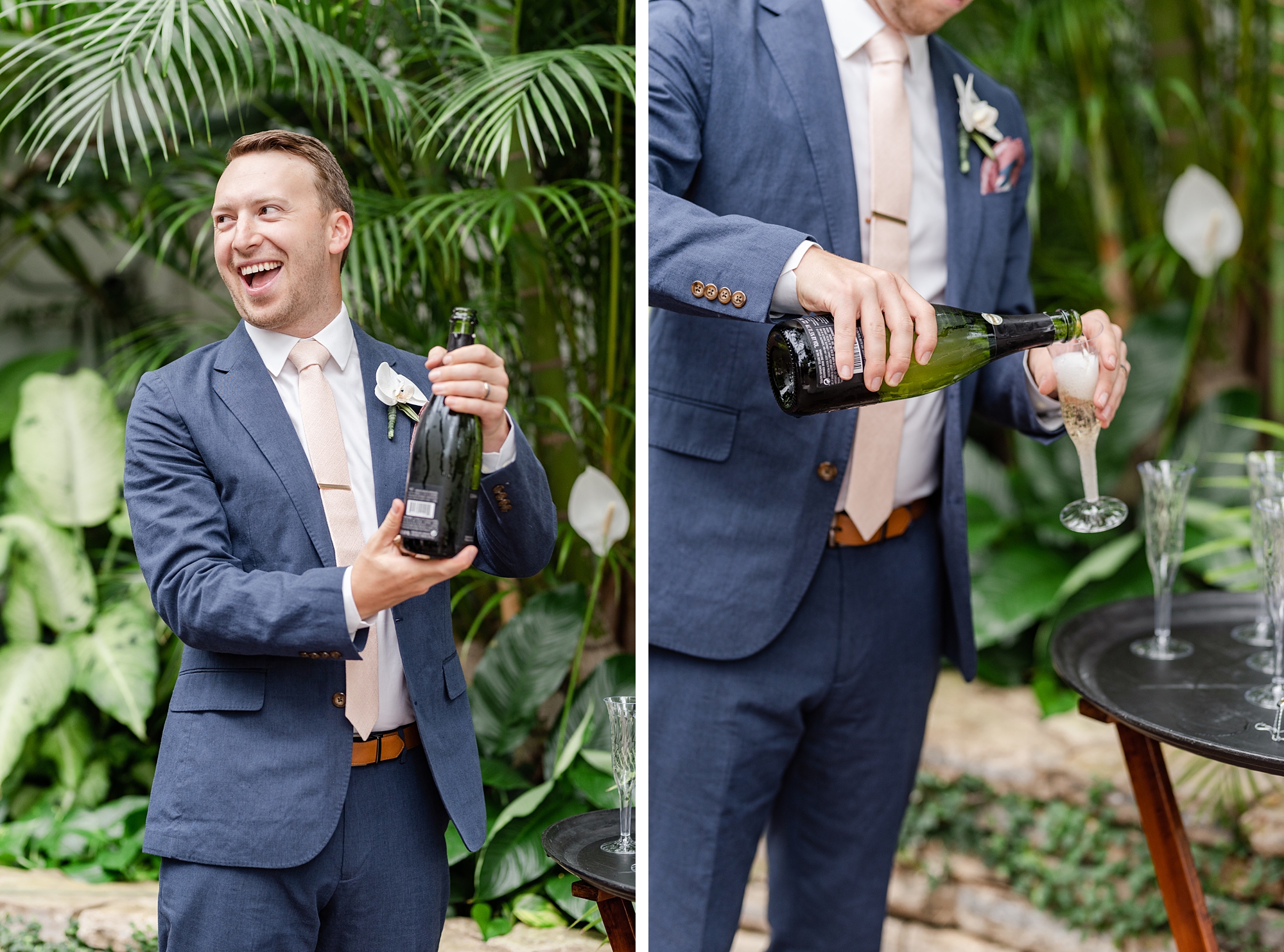 groom pops champagne after Franklin Park Conservatory wedding