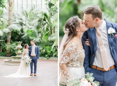 bride and groom kiss in Ohio conservatory