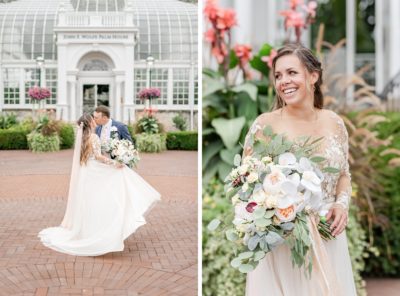 bridal portraits in Ohio of bride with boho inspired gown and bouquet