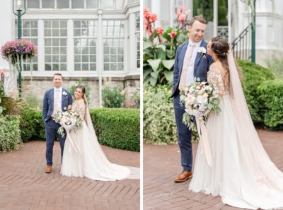 newlyweds pose outside Franklin Park Conservatory after wedding ceremony