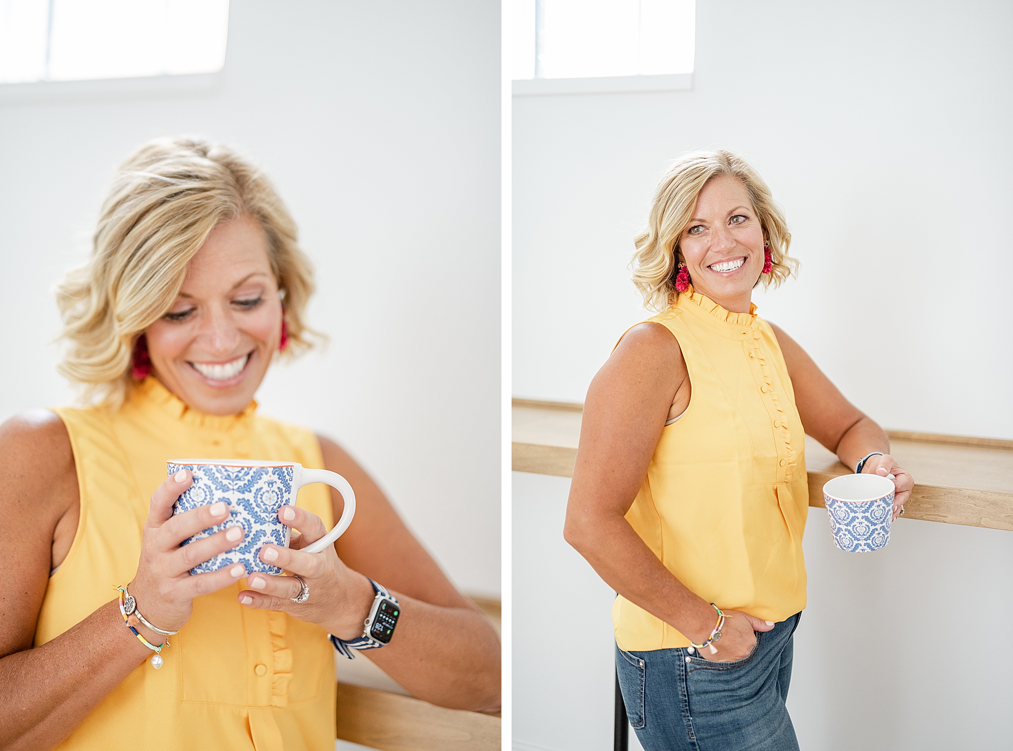 female business owner poses in yellow tank top during Ohio branding session
