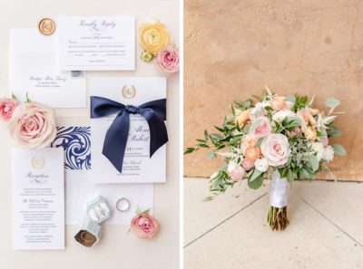 wedding details with navy accents for The Club at Corazon wedding