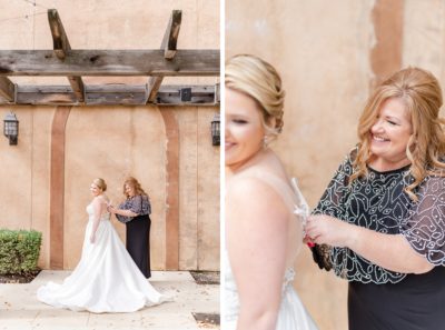 bride's mom helps bride with dress outside The Club at Corazon
