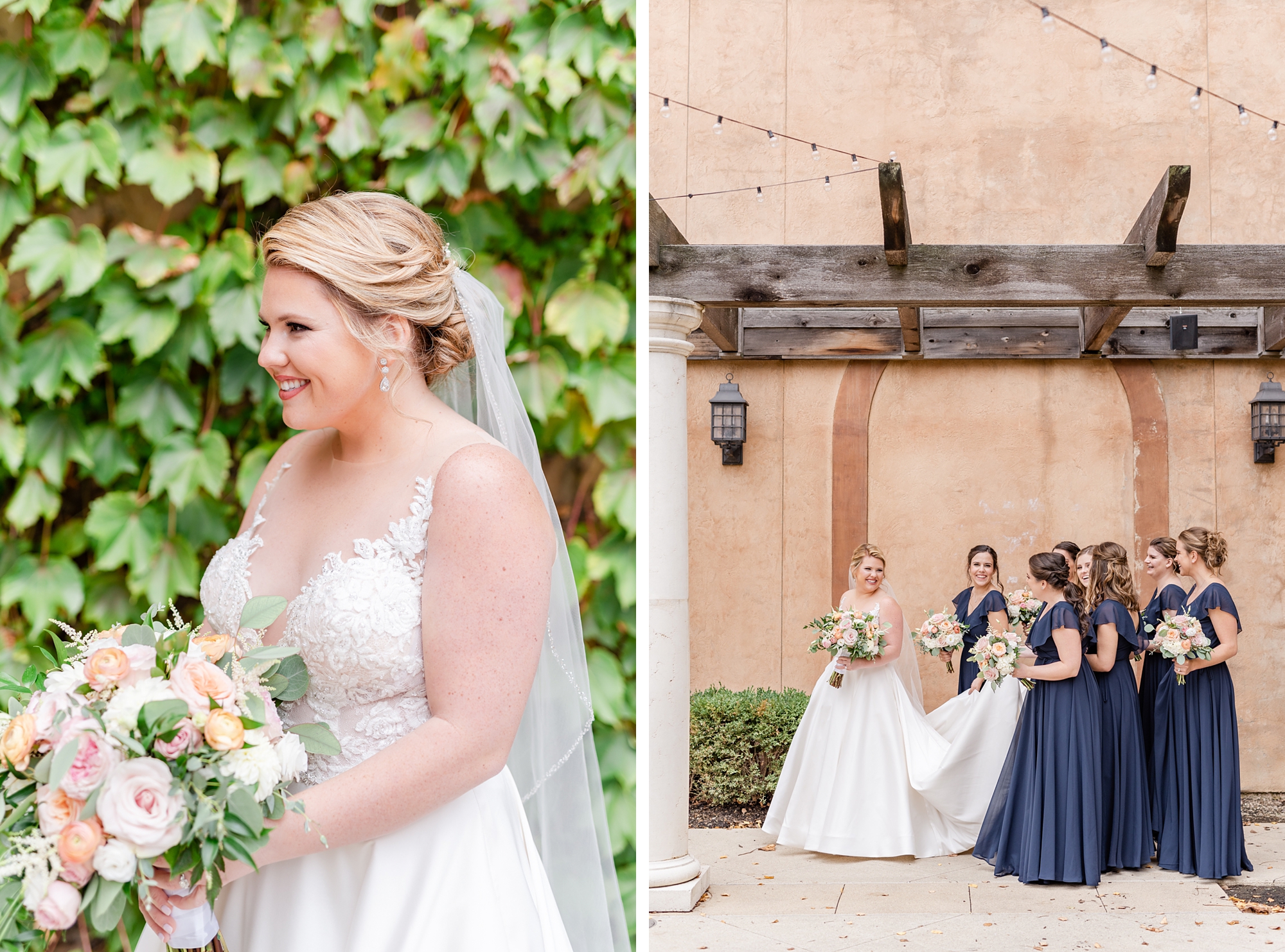 bride stands with bridesmaids in navy gowns outside The Club at Corazon