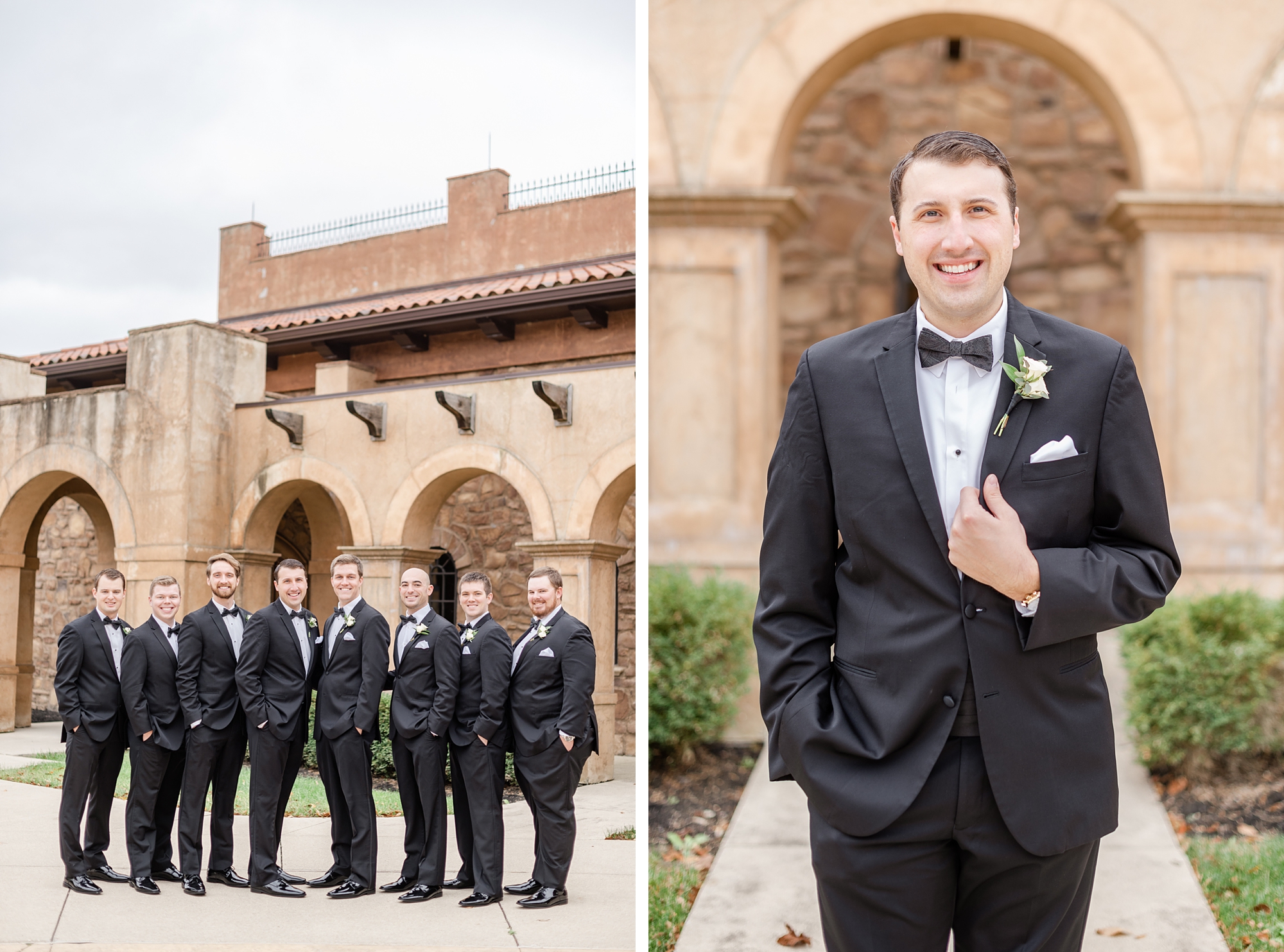 groom and groomsmen pose outside The Club at Corazon