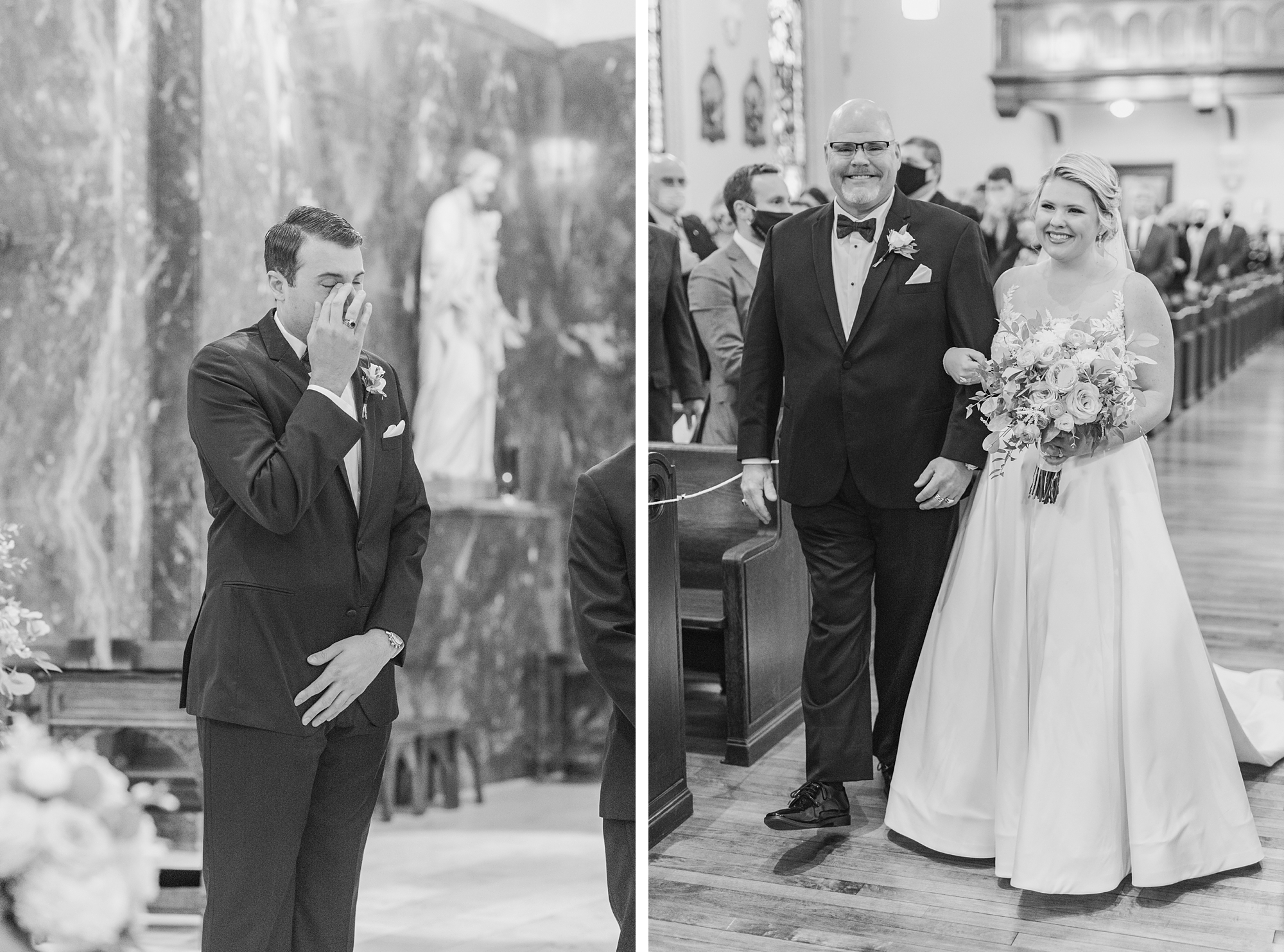 groom cries watching bride walk down aisle during traditional church wedding in Dublin OH