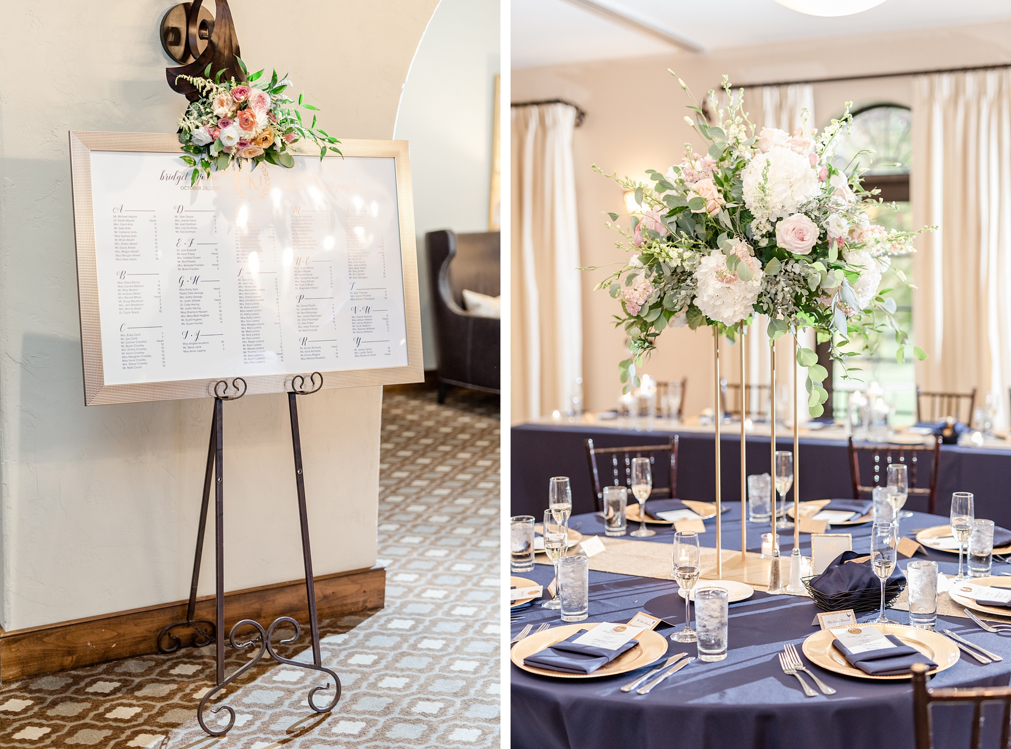 navy and gold wedding reception details