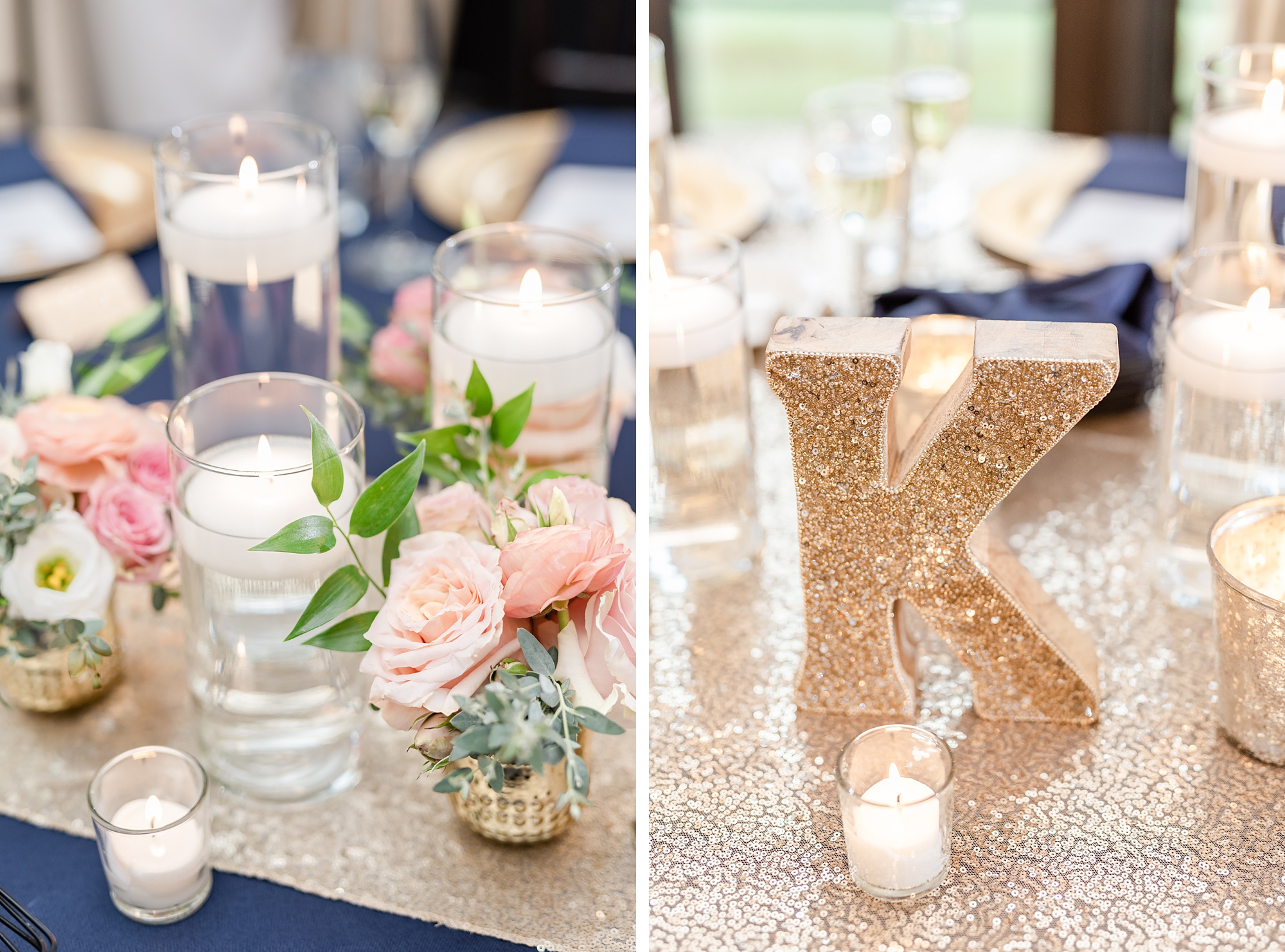 gold and navy wedding reception details