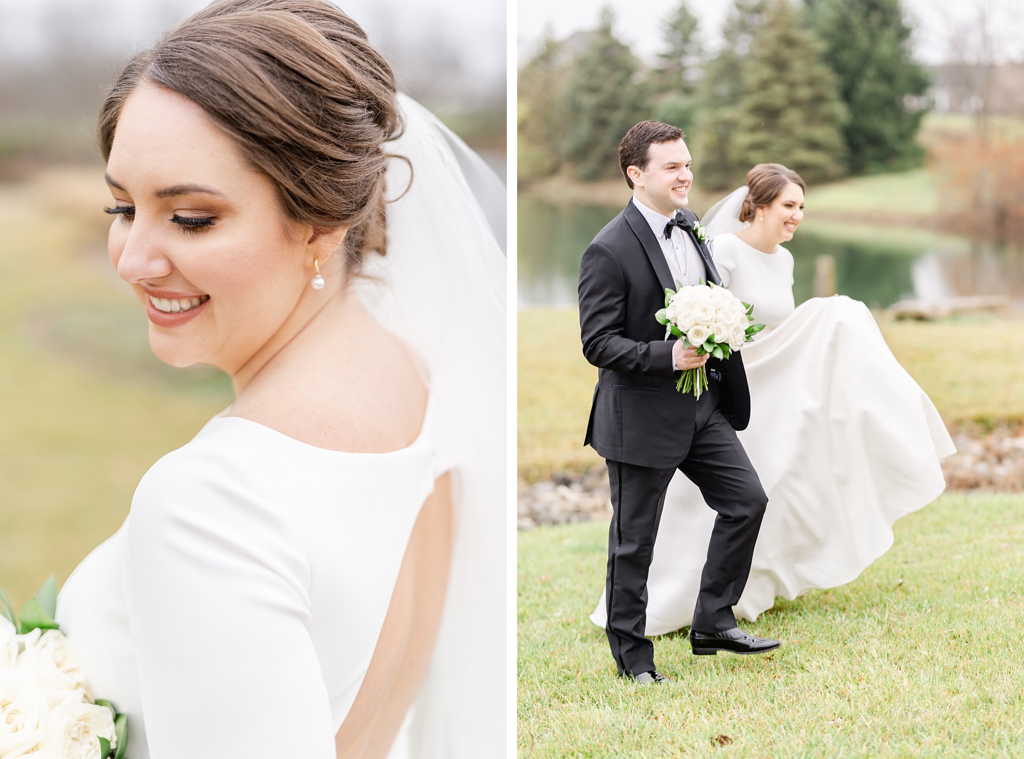 bride and groom pose by lake in Dayton Ohio