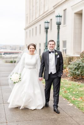 bride and groom walk by Dayton Masonic Center