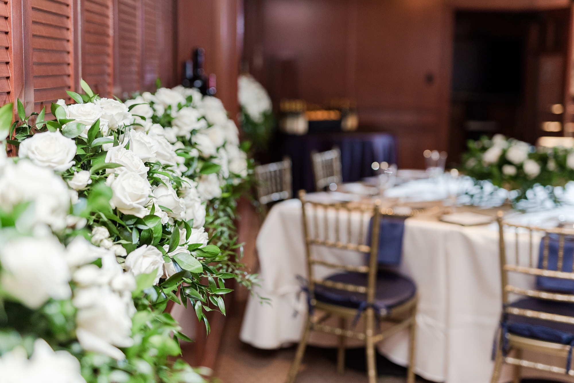 Dayton OH wedding reception with ivory and green florals