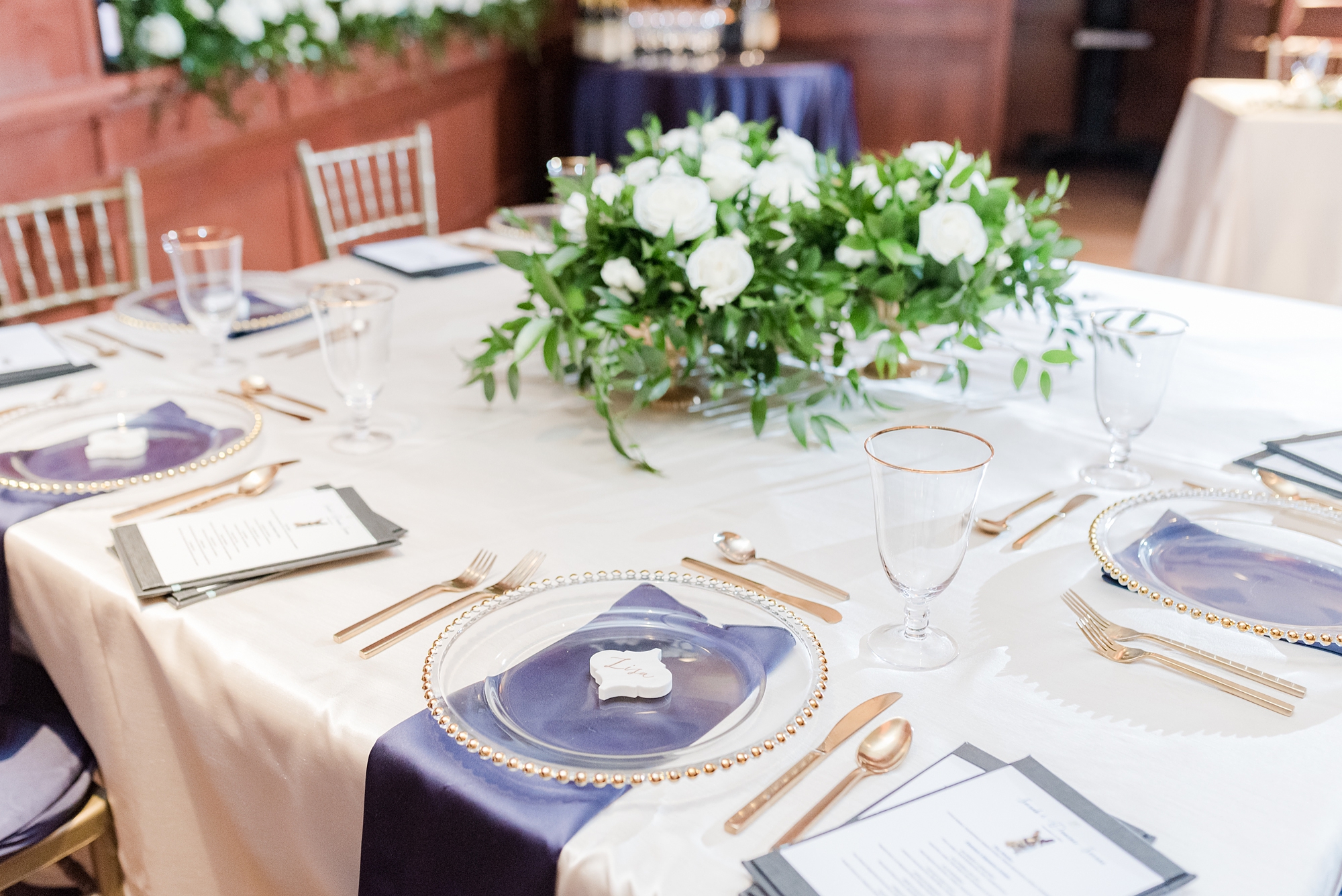 navy and gold wedding reception details