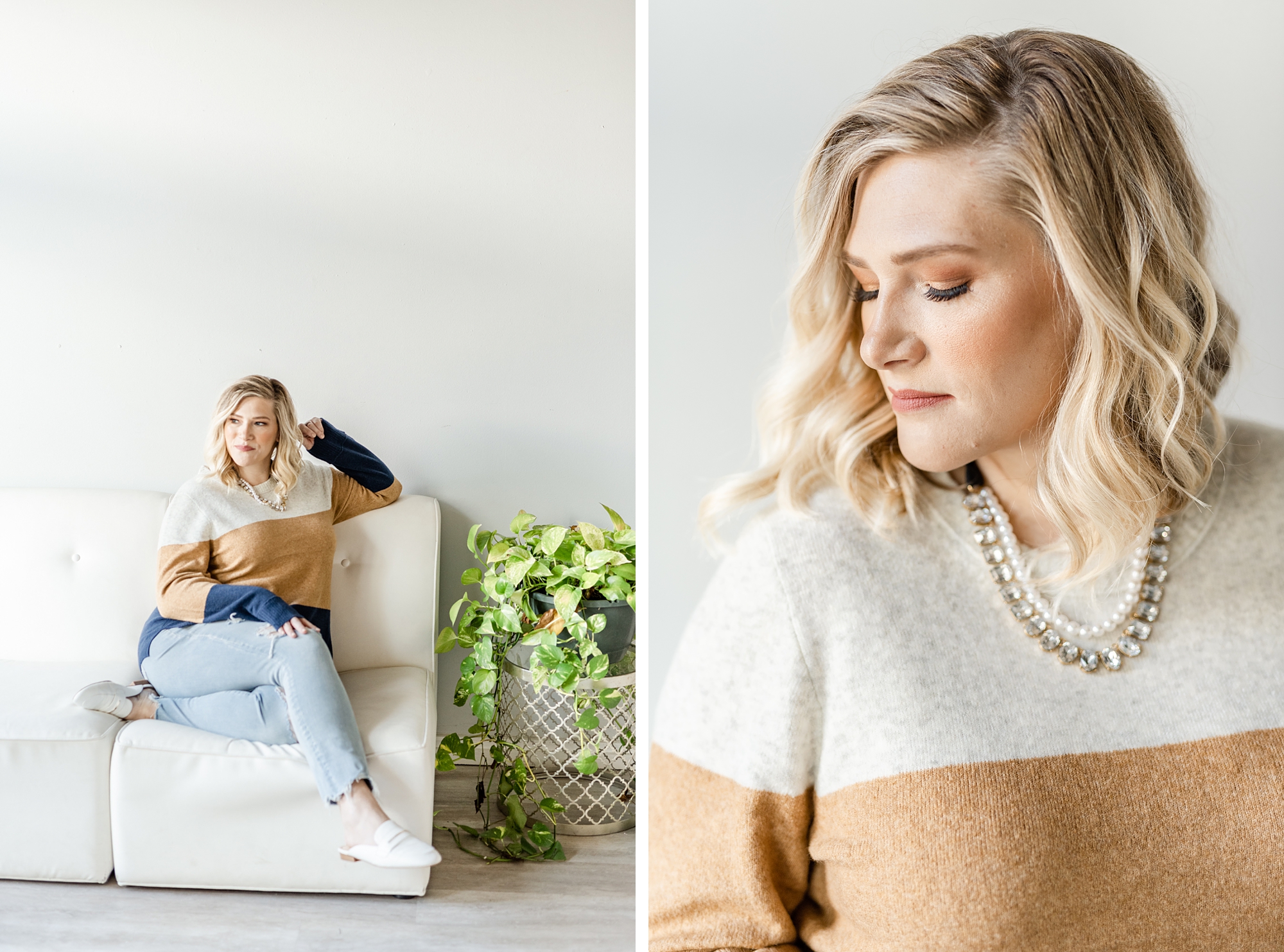 photographer in gold and blue sweater sits on couch