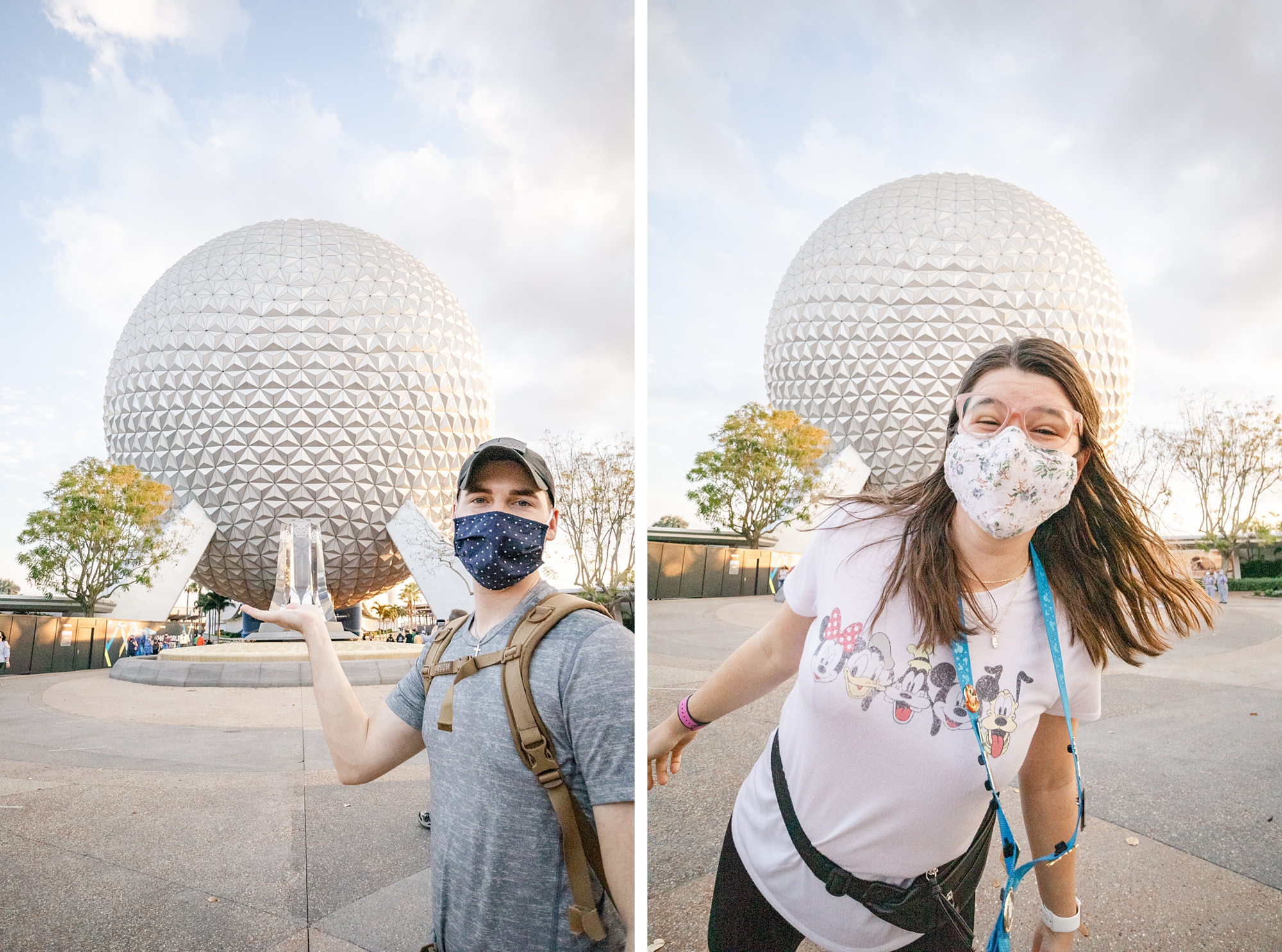 couple poses in front of Spaceship Earth 