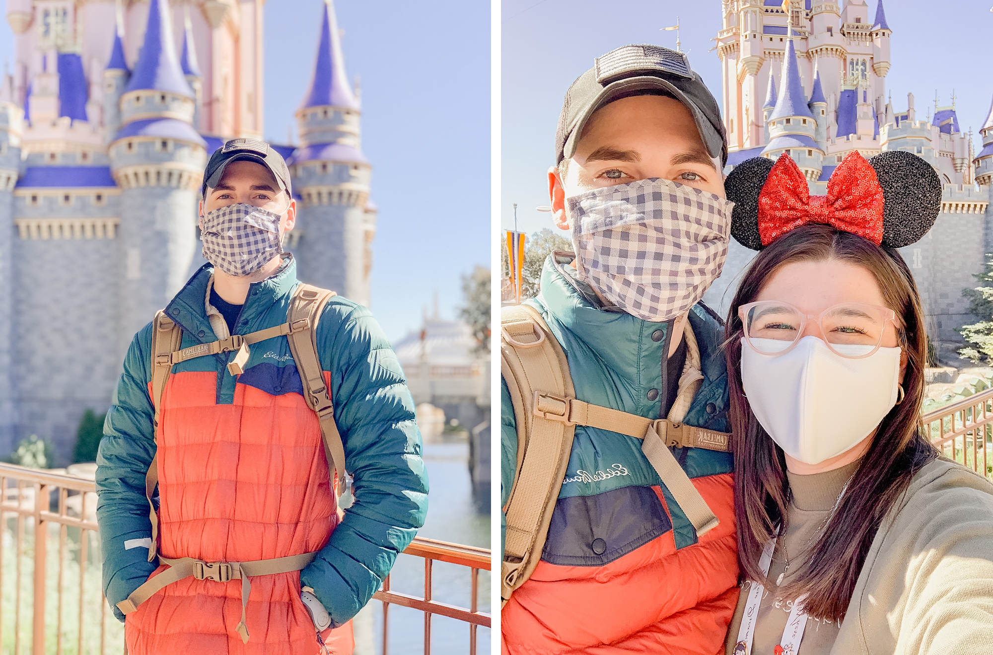 couple poses by castle in Walt Disney World's Magic Kingdom