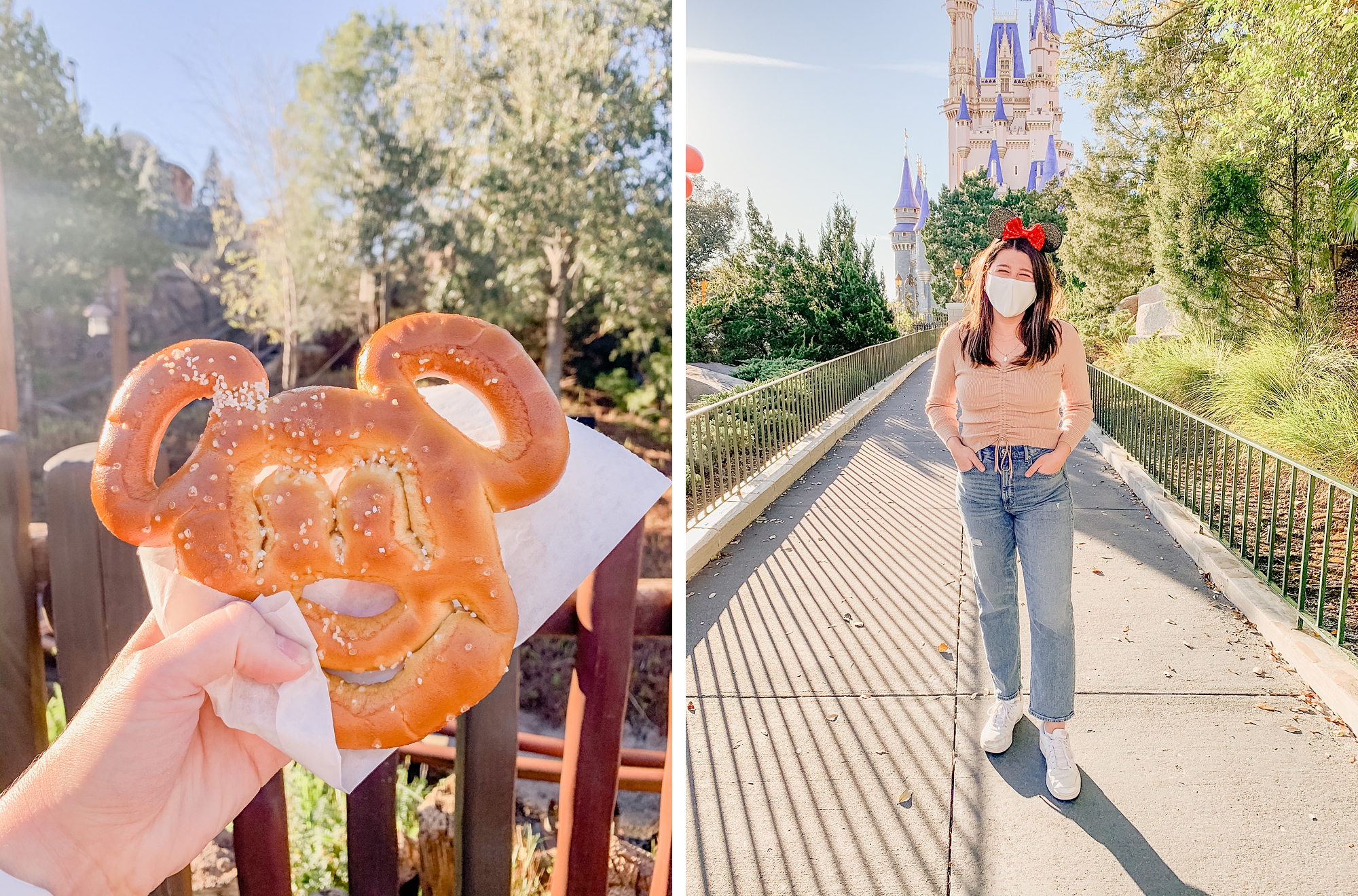 woman poses with Mickey pretzel at Walt Disney World