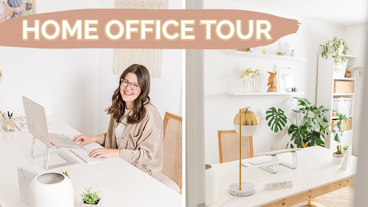Cozy boho home office tour with links for decor and furniture for female business owner, shared by YouTube creator and educator Stephanie Kase